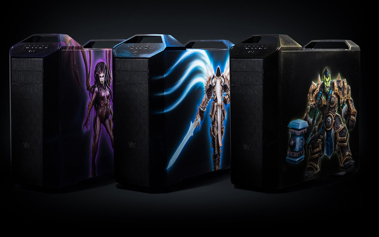 Four computer towers with artwork of sci-fi characters on each side, including a female figure, a soldier with a glowing sword, and a robotic war machine.