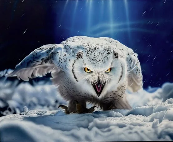 A snowy scene with a fierce-looking snow owl with golden eyes and an open beak, in a stormy sky.