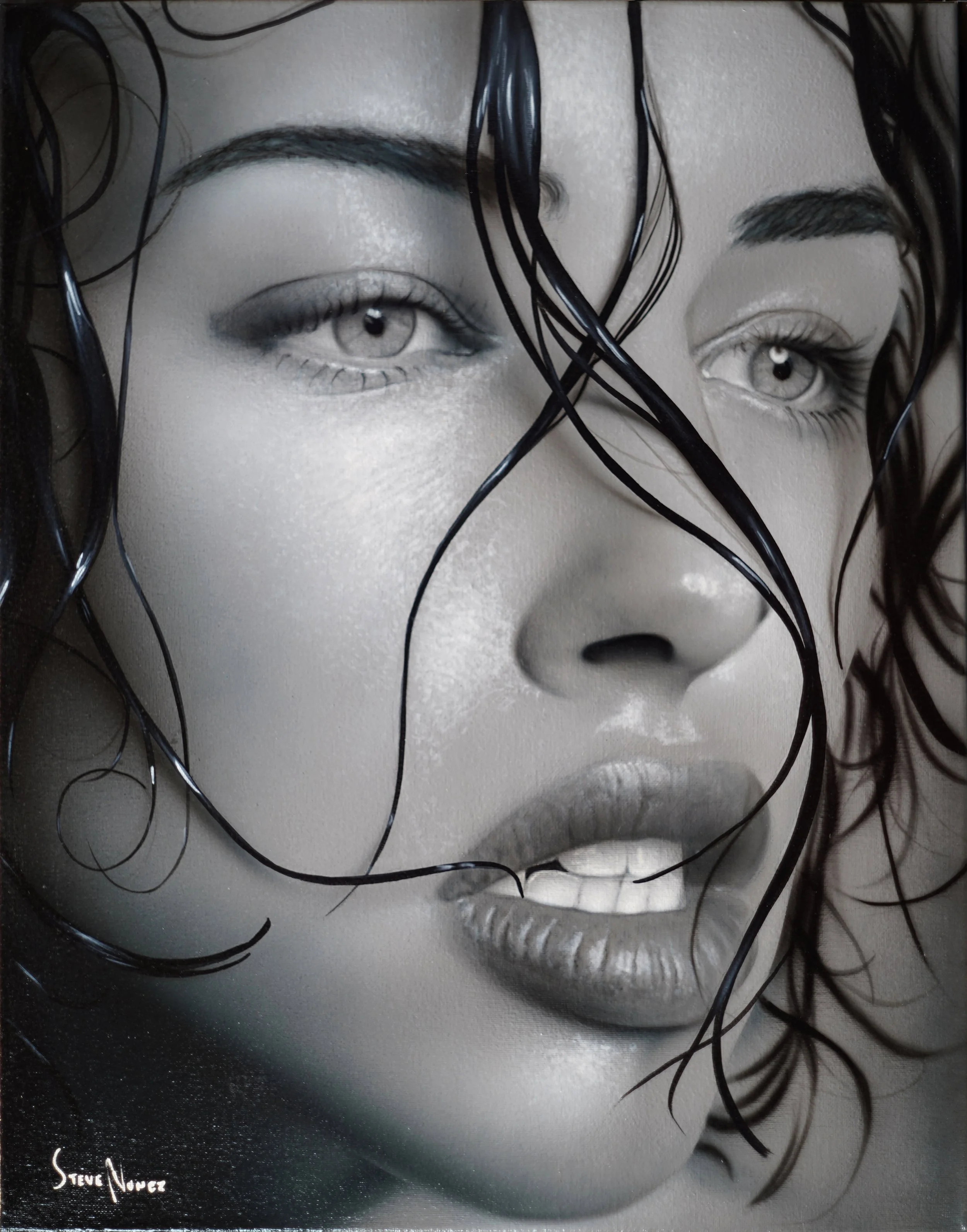 A black and white portrait of a young woman with wet, dark hair and expressive eyes, with an autograph in the bottom left corner by Steve Nuñez.