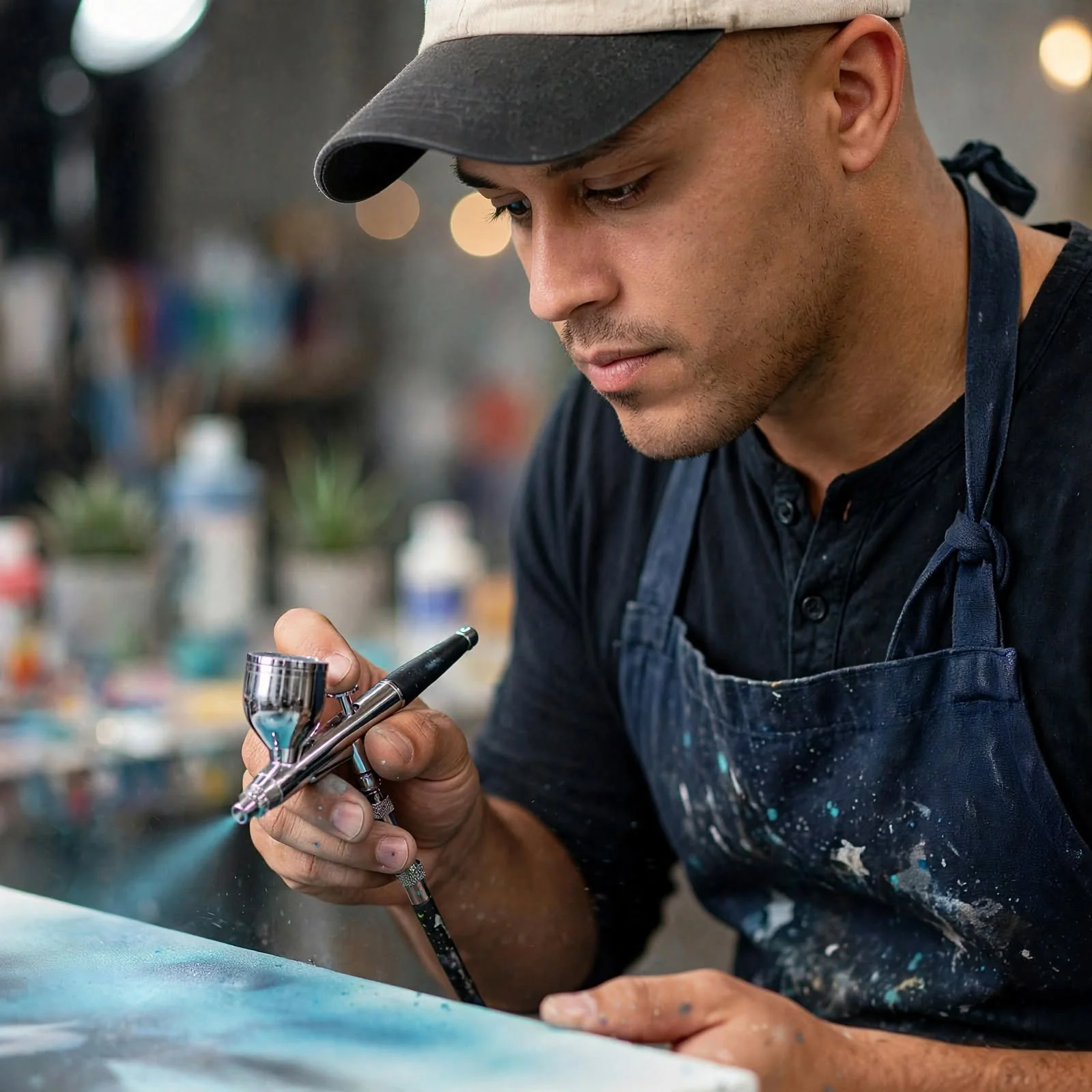 A man wearing a cap and apron paints with an airbrush in an art studio.
