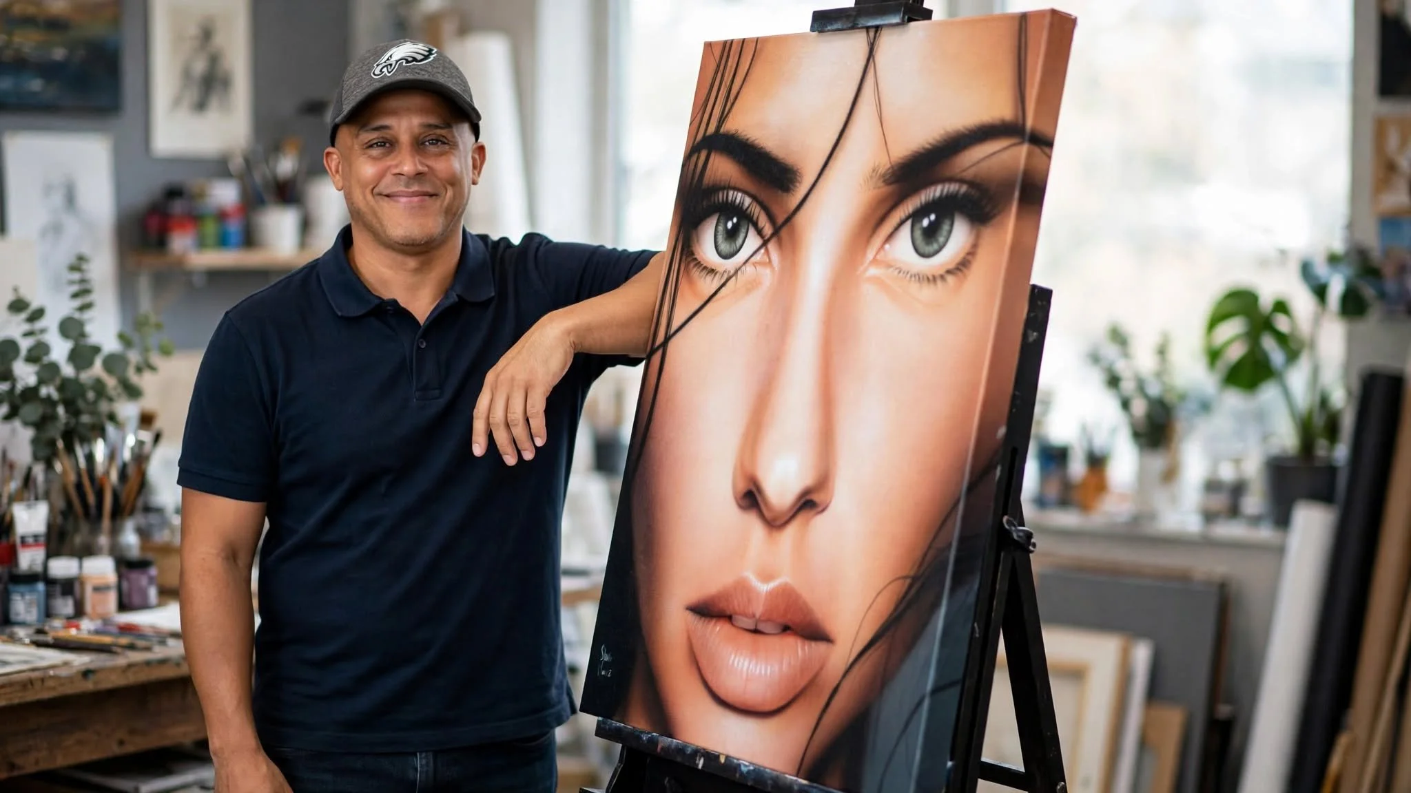 A smiling man wearing a gray cap with a bird logo and a dark polo shirt, standing next to a large, detailed portrait of a woman's face with striking eyes in an art studio.