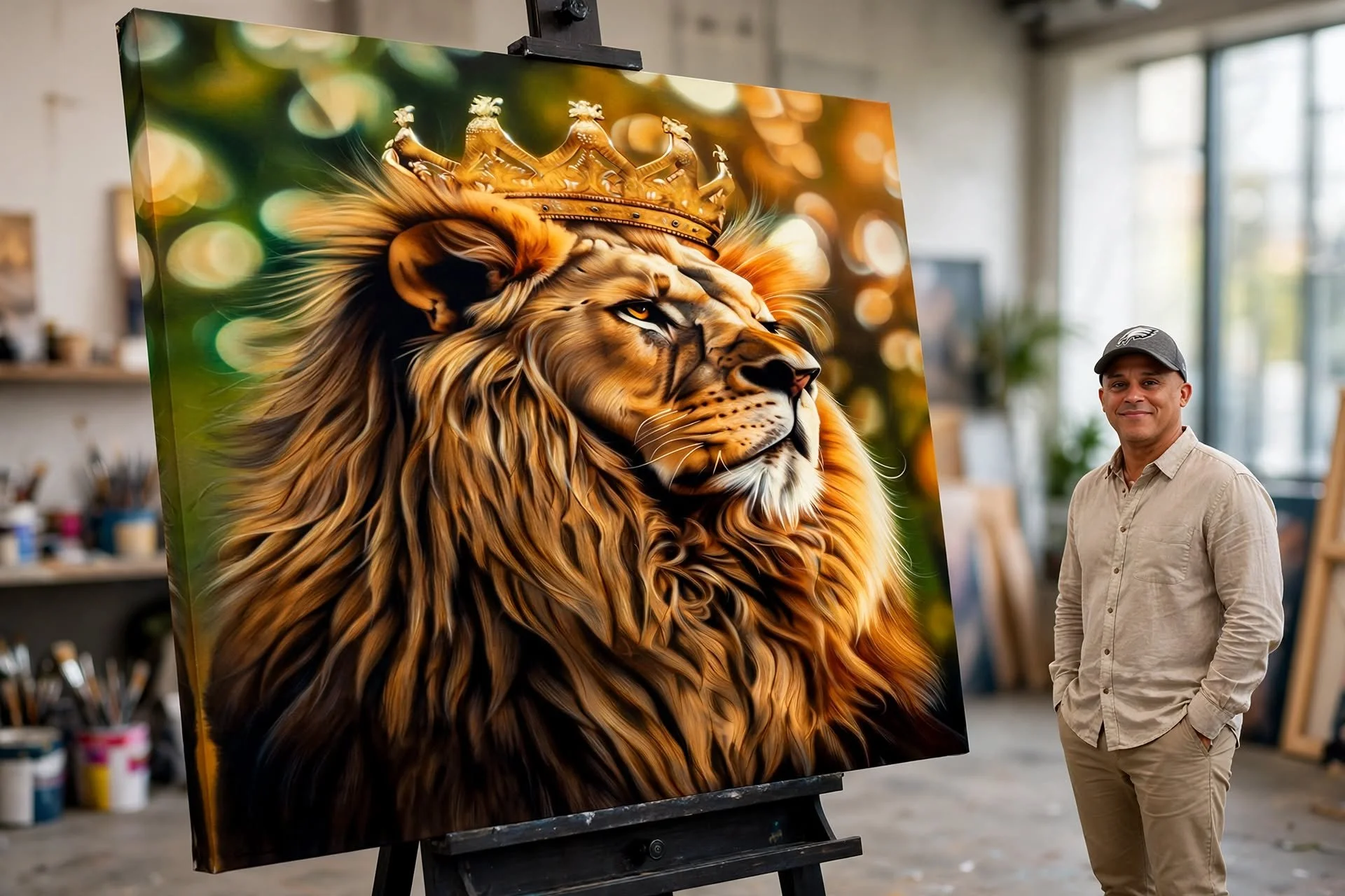 An artist stands next to a colorful painting of a lion wearing a gold crown, with a blurred background of an art studio.