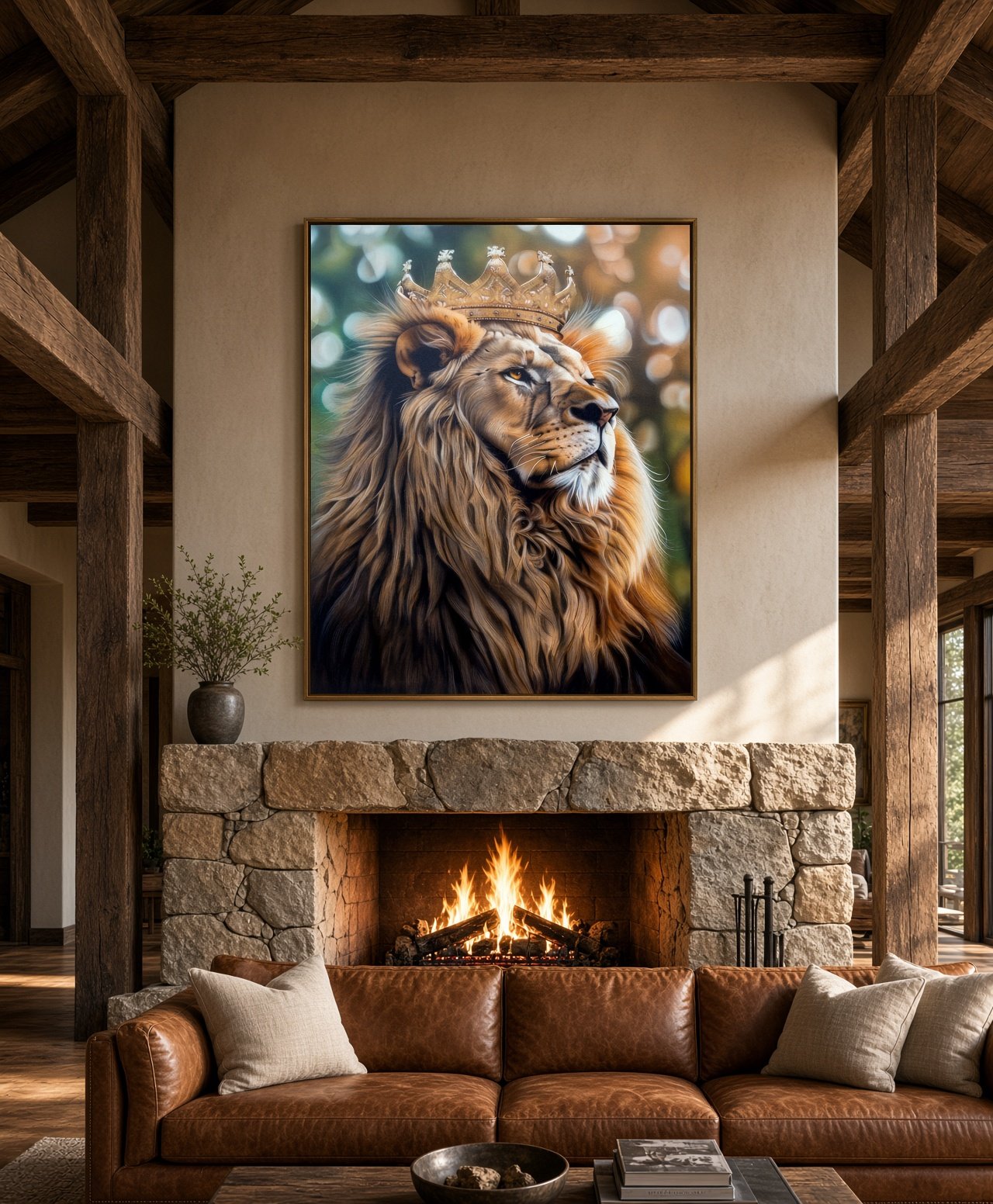 Living room with a stone fireplace, a large framed portrait of a lion wearing a crown, a leather sofa with pillows, a coffee table with a bowl and books, a side vase with greenery, wood-beamed ceiling, and sunlight streaming through windows.
