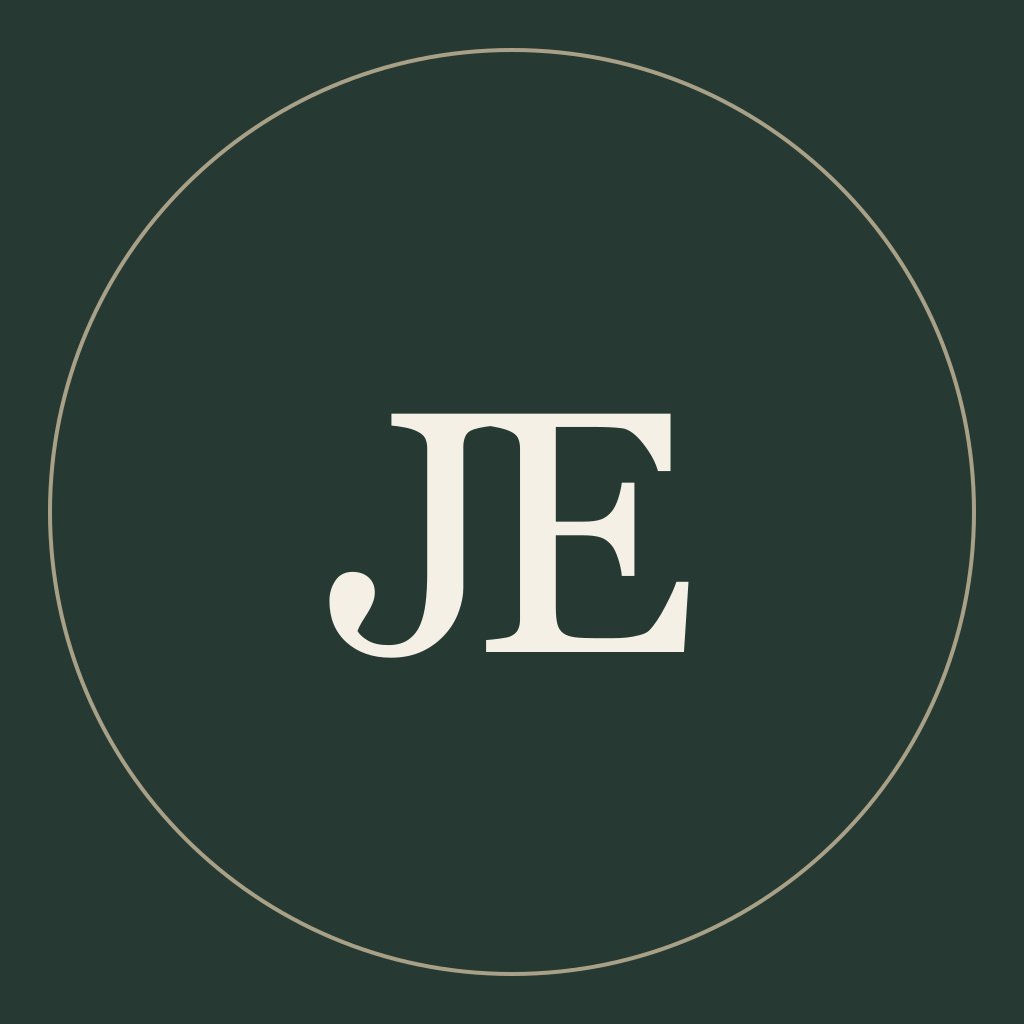 Dark green background with a thin beige circle and the white initials 'JE' centered inside.
