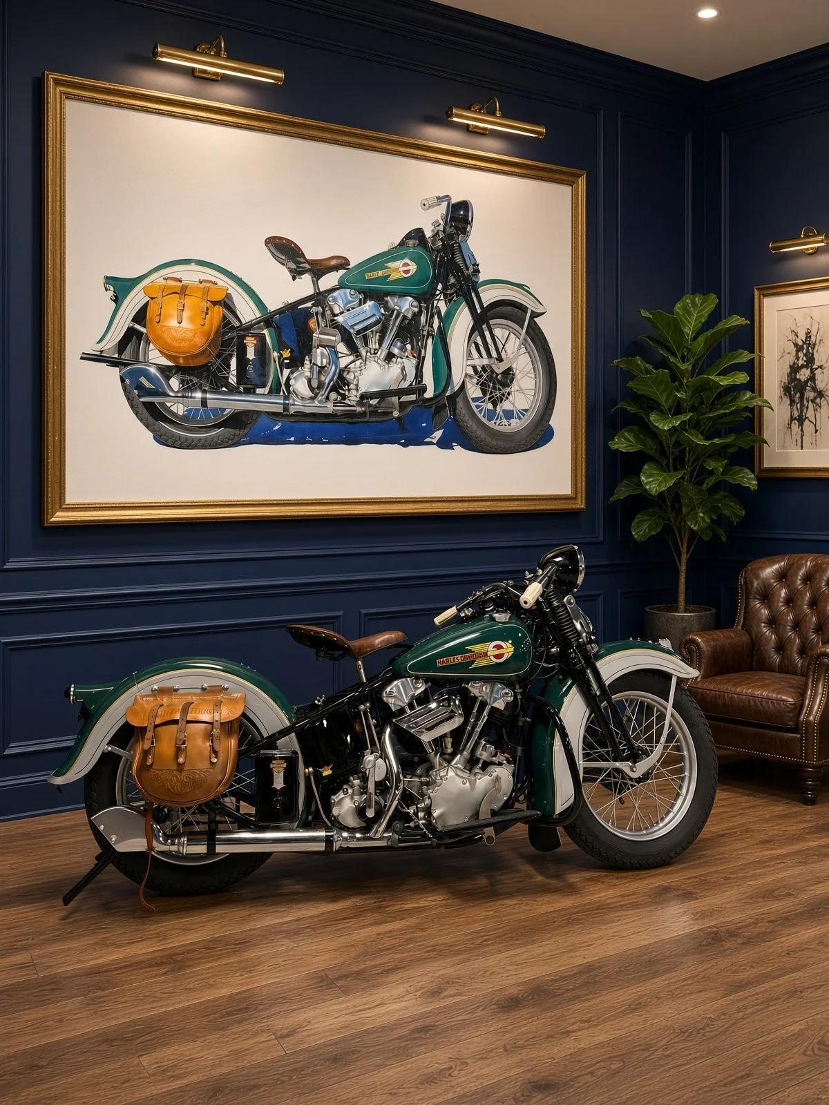 A vintage Harley-Davidson motorcycle with green and black paint, a brown leather seat, and a tan leather saddlebag, displayed indoors on a wooden floor next to a leather armchair and a potted plant. A large framed print of the same motorcycle is on a navy blue wall behind it, with two gold picture lights above.