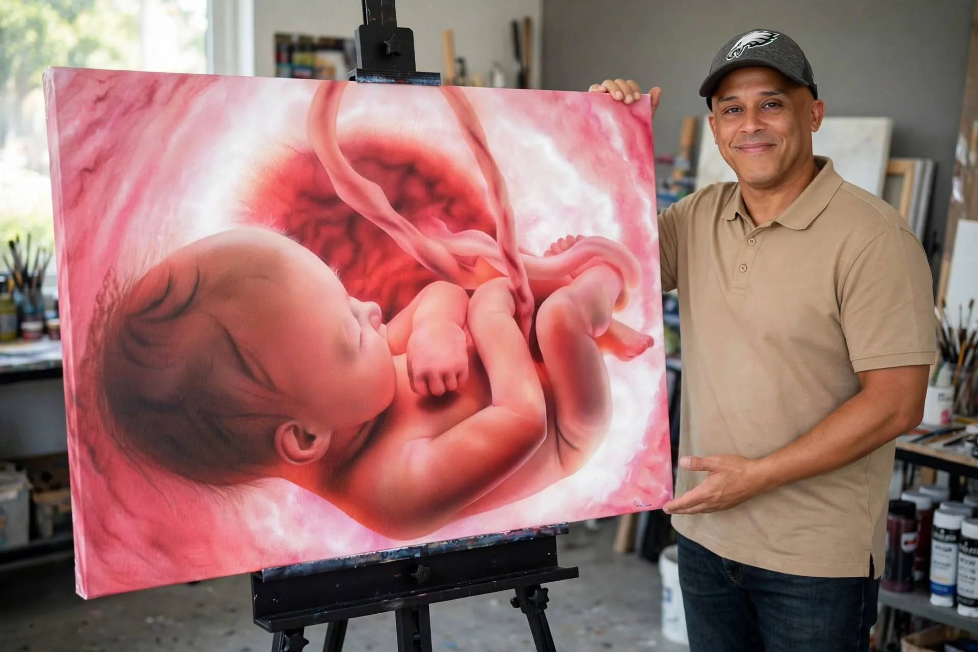 An artist holding a painting of a developing fetus inside a womb, in an art studio with shelves of art supplies in the background.