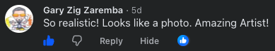 Text comment praising a realistic photo and an artist.
