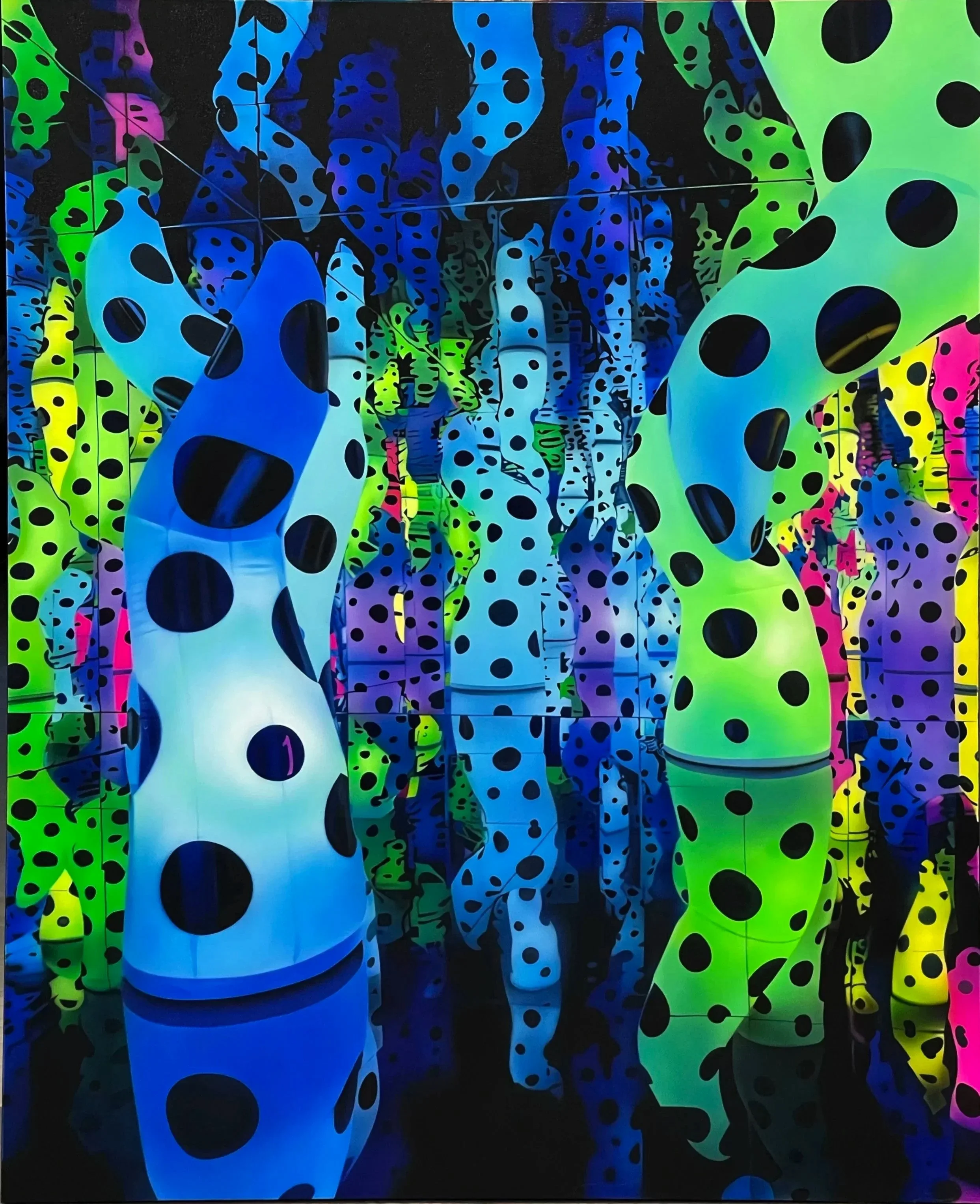 Colorful abstract artwork with numerous polka-dot patterns in shades of blue, green, pink, yellow, and purple, with layered shapes creating a vibrant, dynamic composition on a black background.