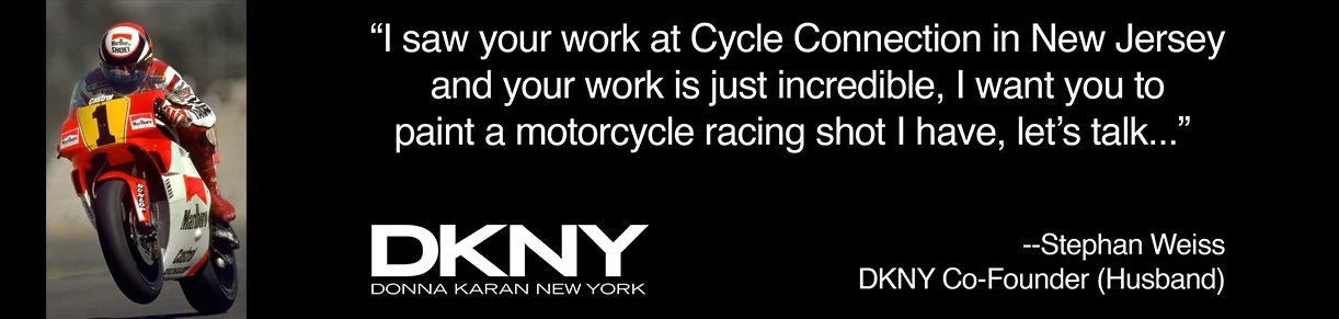 Quote from Stephan Weiss praising a motorcycle painting, with a red and white motorcycle racer on the left side of the image.