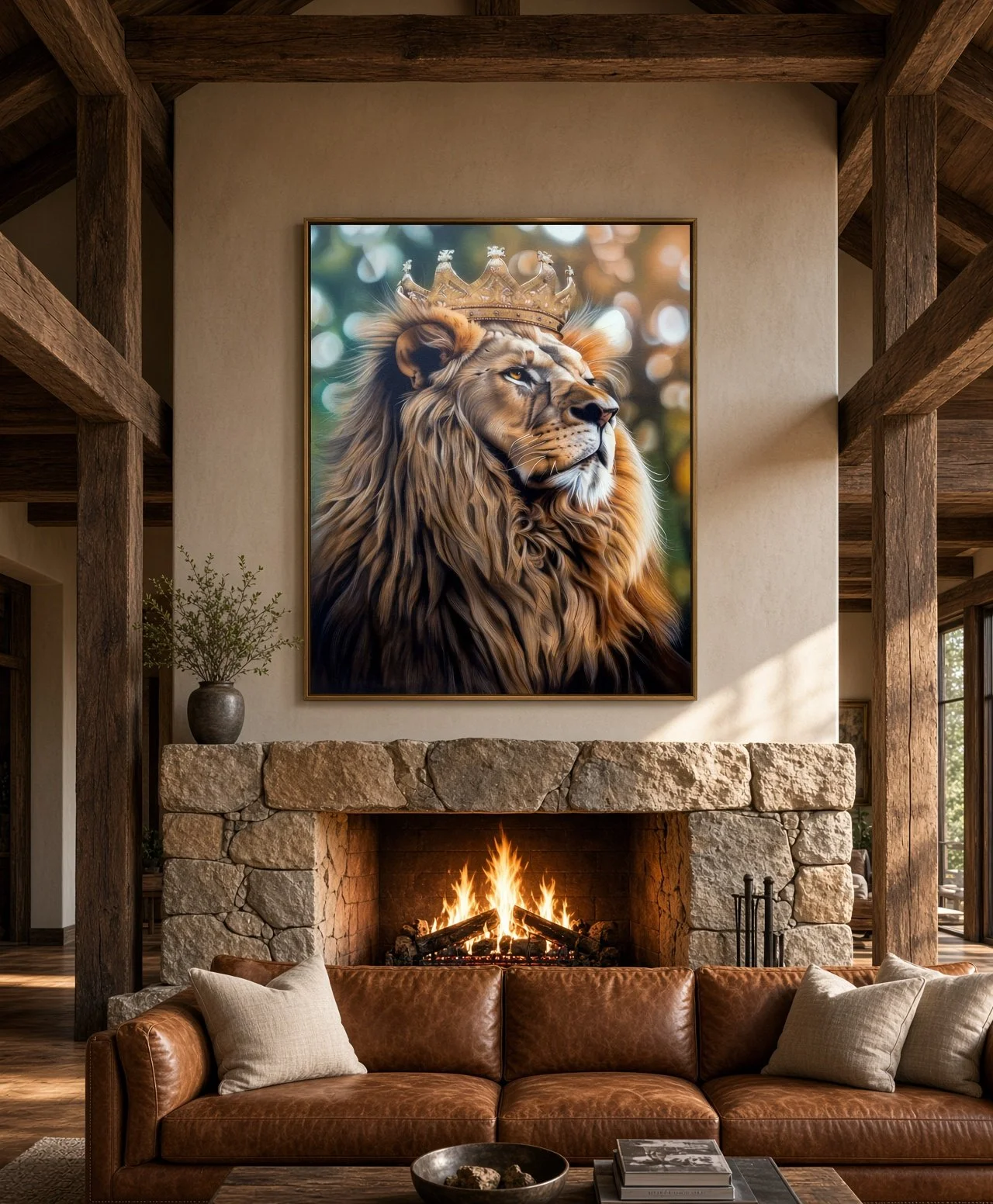 Living room with a large painting of a lion wearing a crown above a stone fireplace with a fire burning. There is a brown leather sofa with two pillows, a small vase with greenery, and a coffee table with books and a decorative bowl.