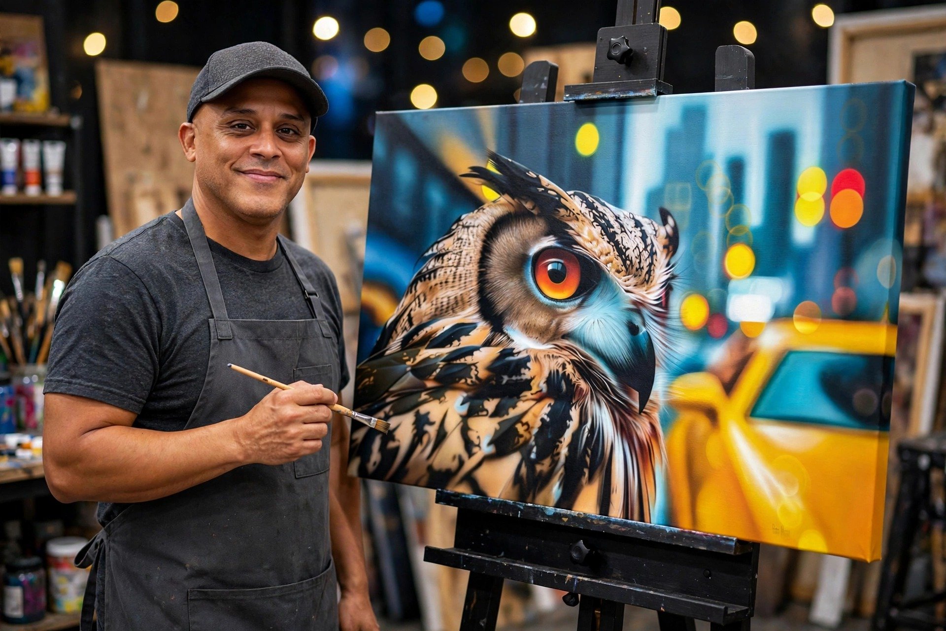 An artist in a black shirt and gray cap standing beside a colorful painting of an owl on an easel in an art studio with shelves of art supplies and lights in the background.