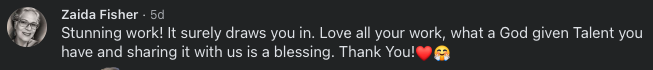 Screenshot of a positive Facebook comment praising Zaida Fisher for her work, calling her talented and blessing to others.