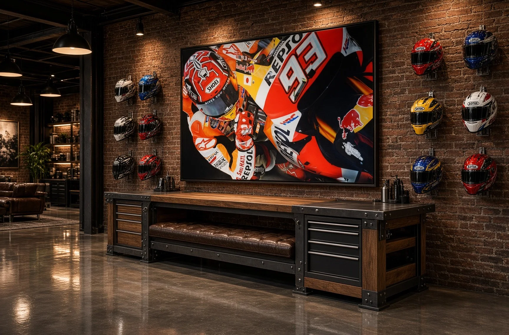 Interior of a room with a brick wall decorated with motorcycle helmets on display and a large framed picture of a motorcycle racer in orange gear.