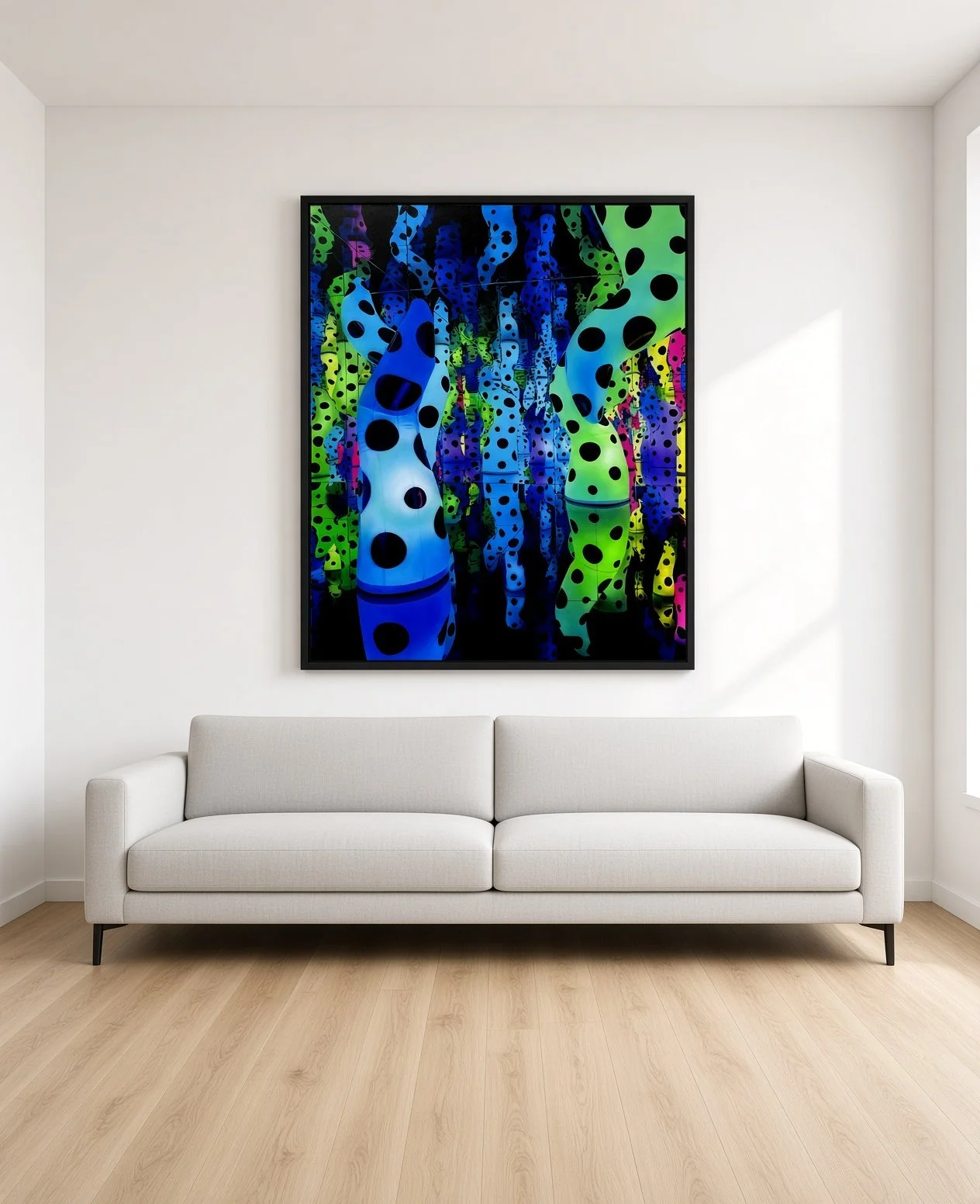 A modern living room with a white couch, a colorful abstract painting on the wall featuring various shapes and hues, and light wood flooring.