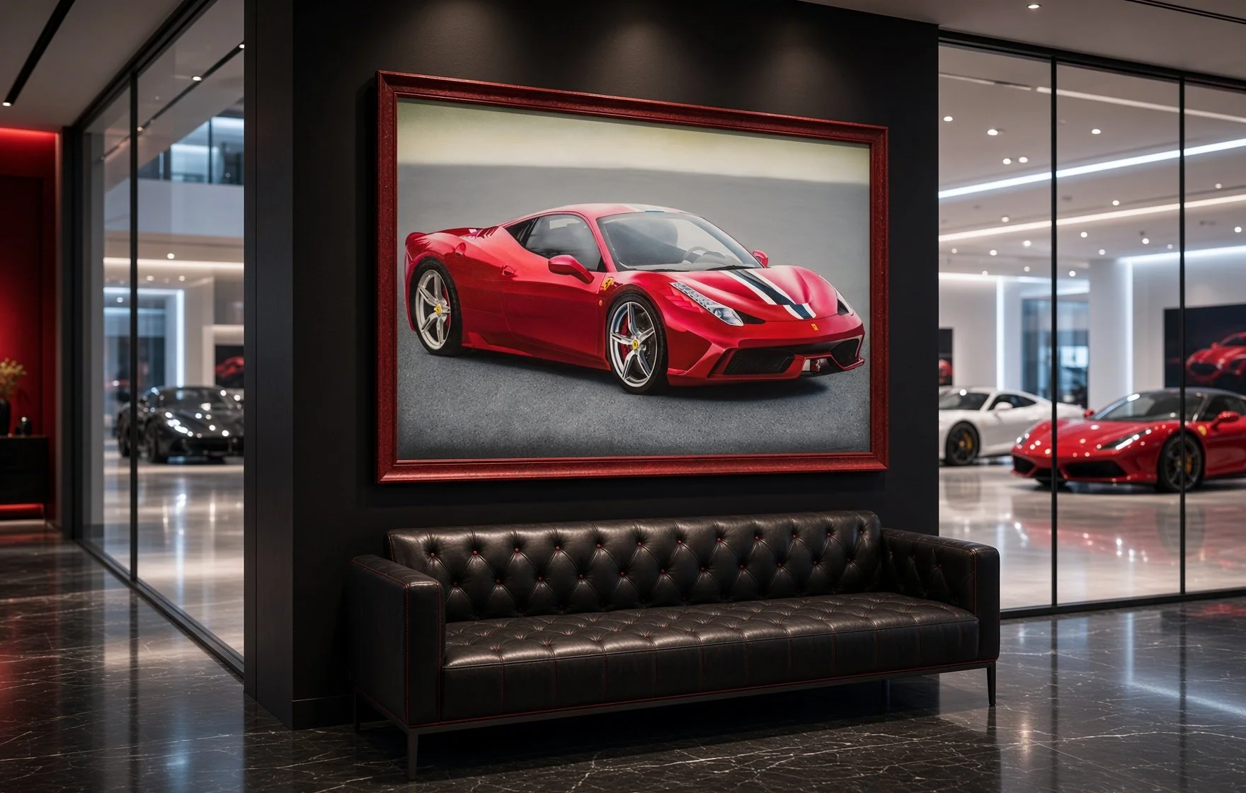 Photo of a red Ferrari sports car with black racing stripes, displayed inside a modern showroom.