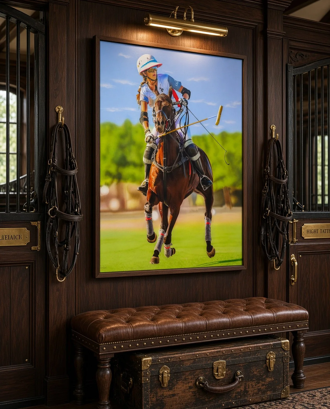 A large framed painting of a female polo player riding a horse, holding a mallet, on a green polo field with a blue sky background. The frame is mounted on dark wood paneling, with horse bridles hanging on either side.