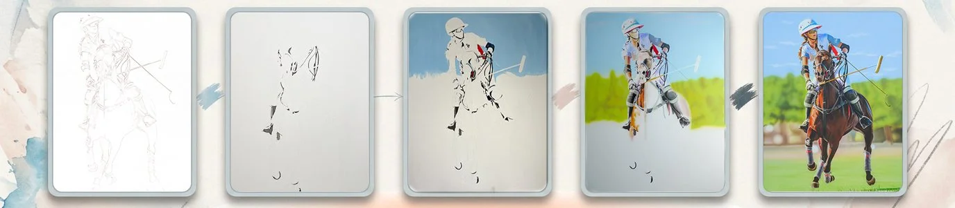 Sequence showing the process of coloring and editing a photo of a polo player riding a horse, culminating in a colorful, fully rendered picture of the player on a horse in a grassy field.