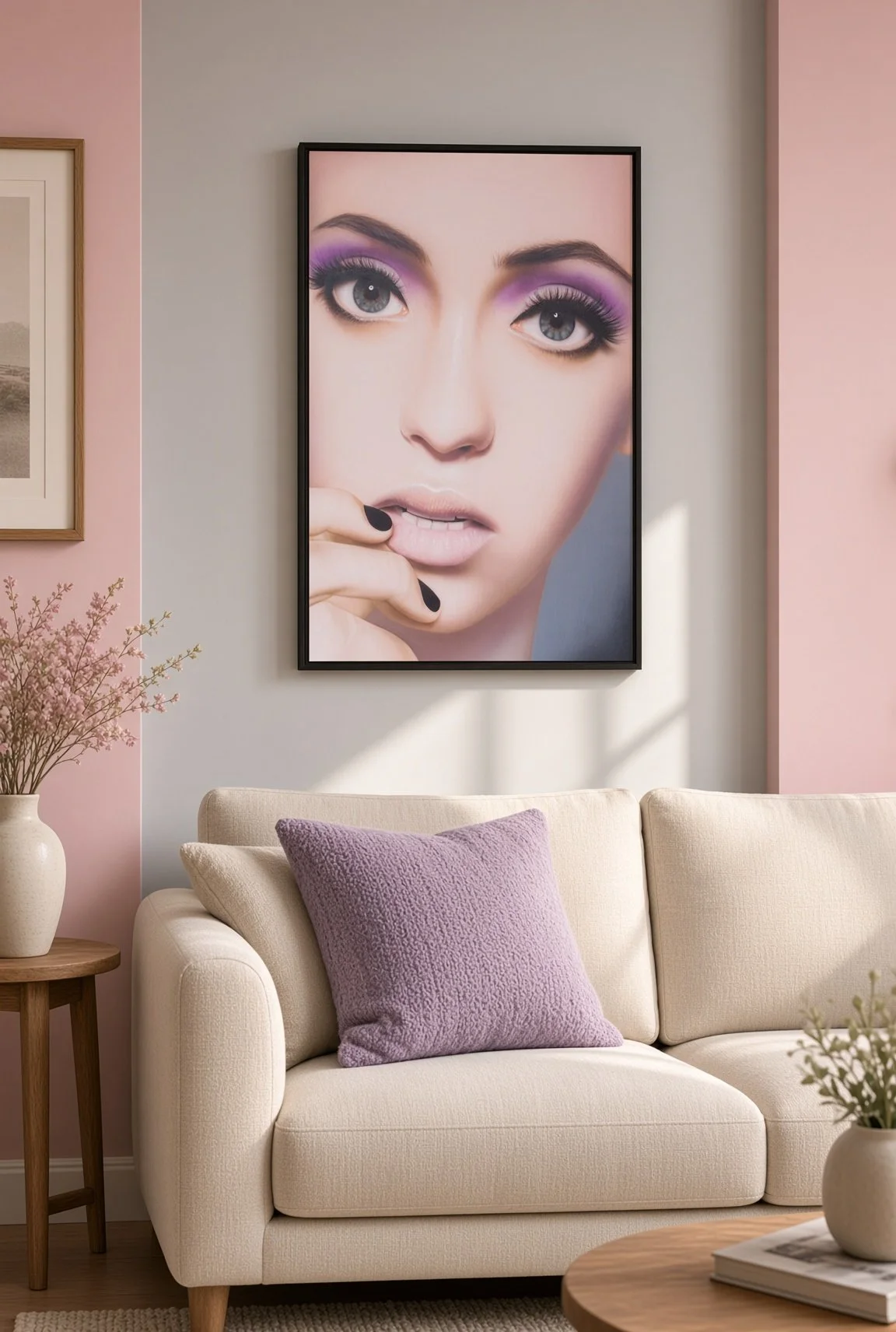 Decorative living room with a large framed photo of a woman with purple eye makeup hanging above a light-colored sofa with a purple throw pillow, beside a side table with a flower vase.