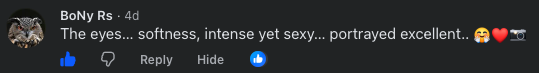 Comment describing eyes, soft, intense, and sexy