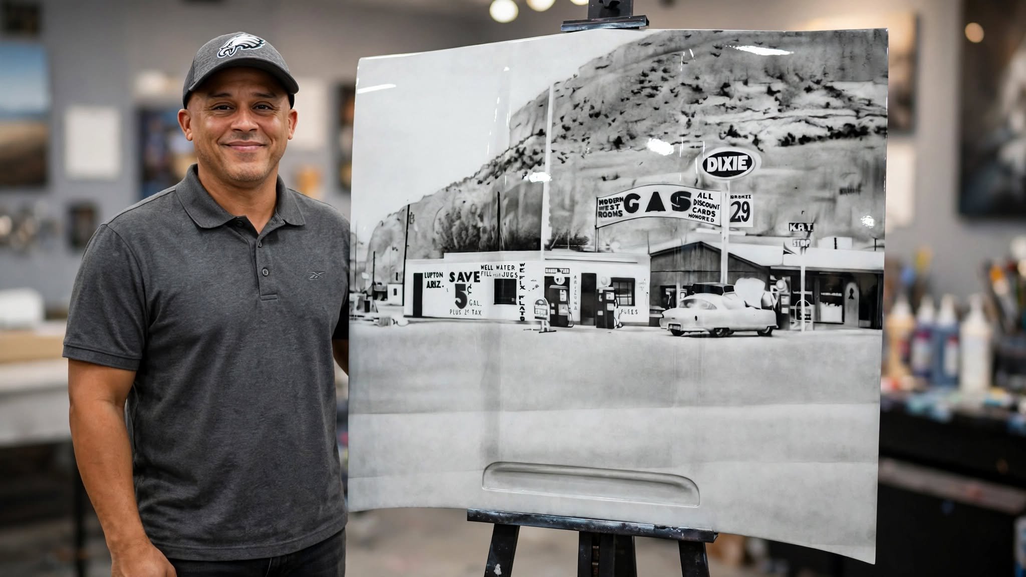 A man wearing a gray polo shirt and a black baseball cap with a logo stands next to a black-and-white painting of a 1950s gas station, with mountains in the background and vintage cars parked in front.