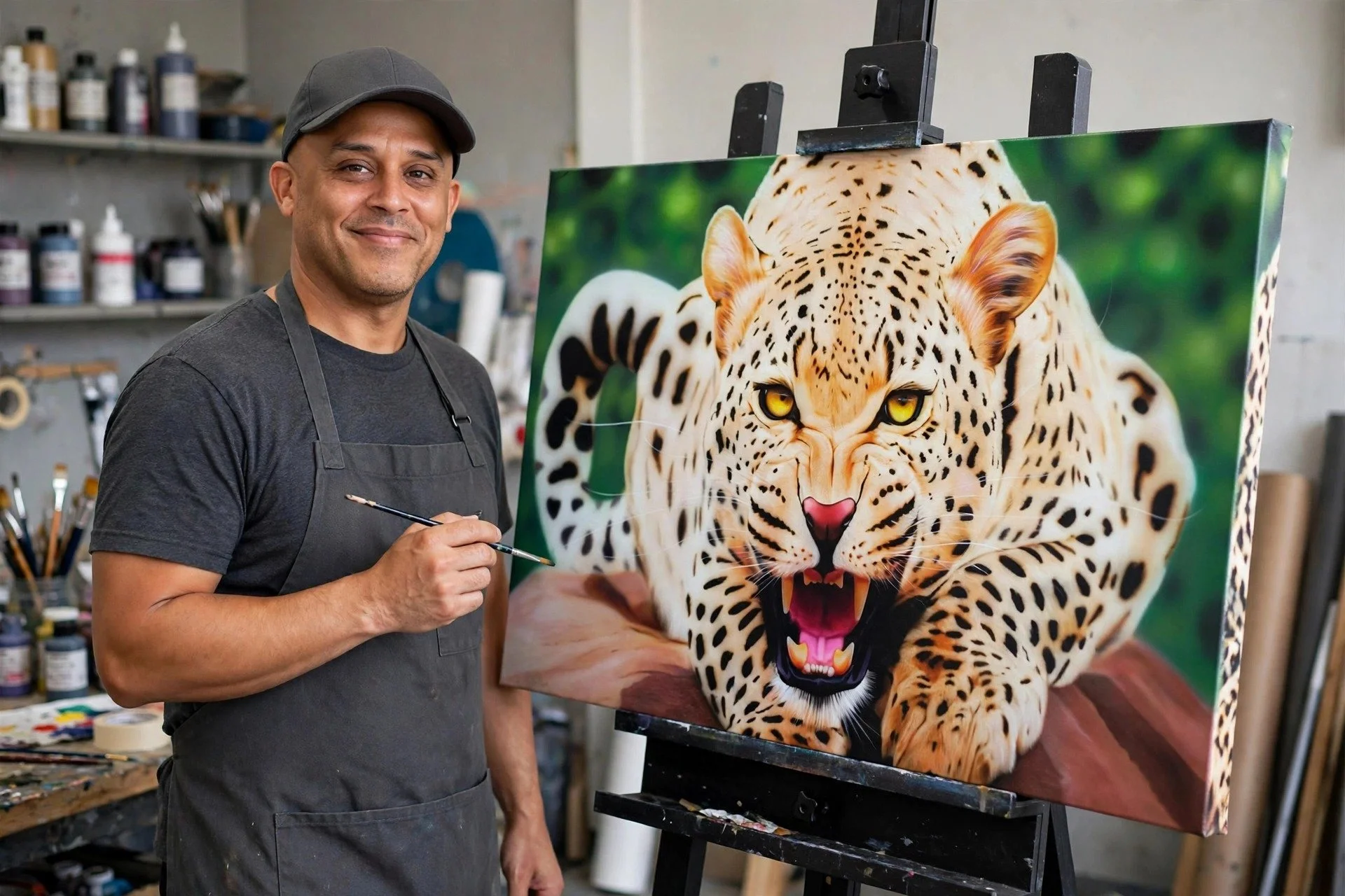 An artist standing in his studio painting a realistic portrait of a jaguar on a canvas.