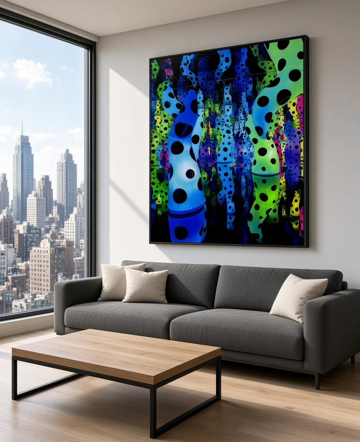 Modern living room with large window showing a city skyline, gray sofa with beige pillows, and a colorful abstract art piece on the wall.