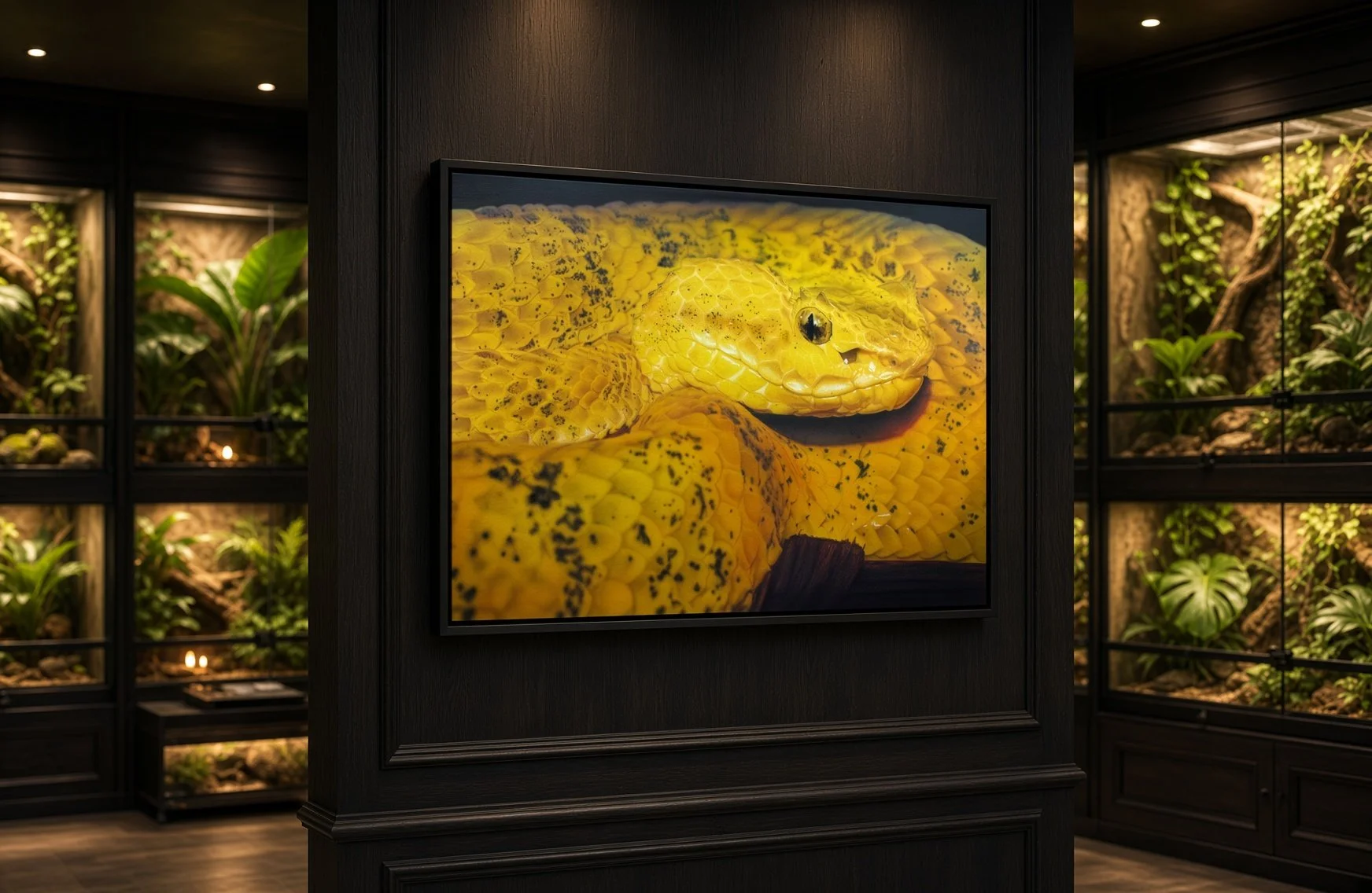 Close-up of a yellow snake, possibly a boa or python, on display in a glass case at a zoo or reptile exhibit, surrounded by plant decor.