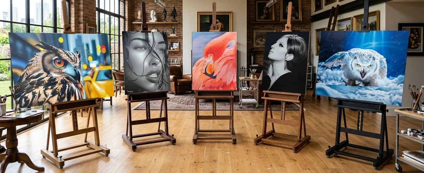 Art gallery with five large paintings on easels, depicting an owl, a grayscale portrait of a woman, a pink flamingo, a black and white woman, and a snowy owl. The gallery has large windows, hardwood floors, and brick walls with framed pictures.