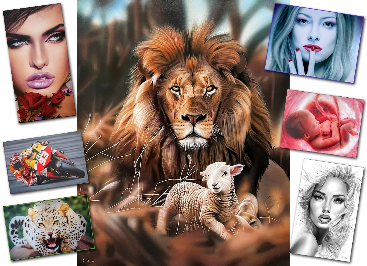 A digital collage featuring a lion, a lamb, and several photos of women, a motorcycle racer, a leopard, and a baby in the womb.