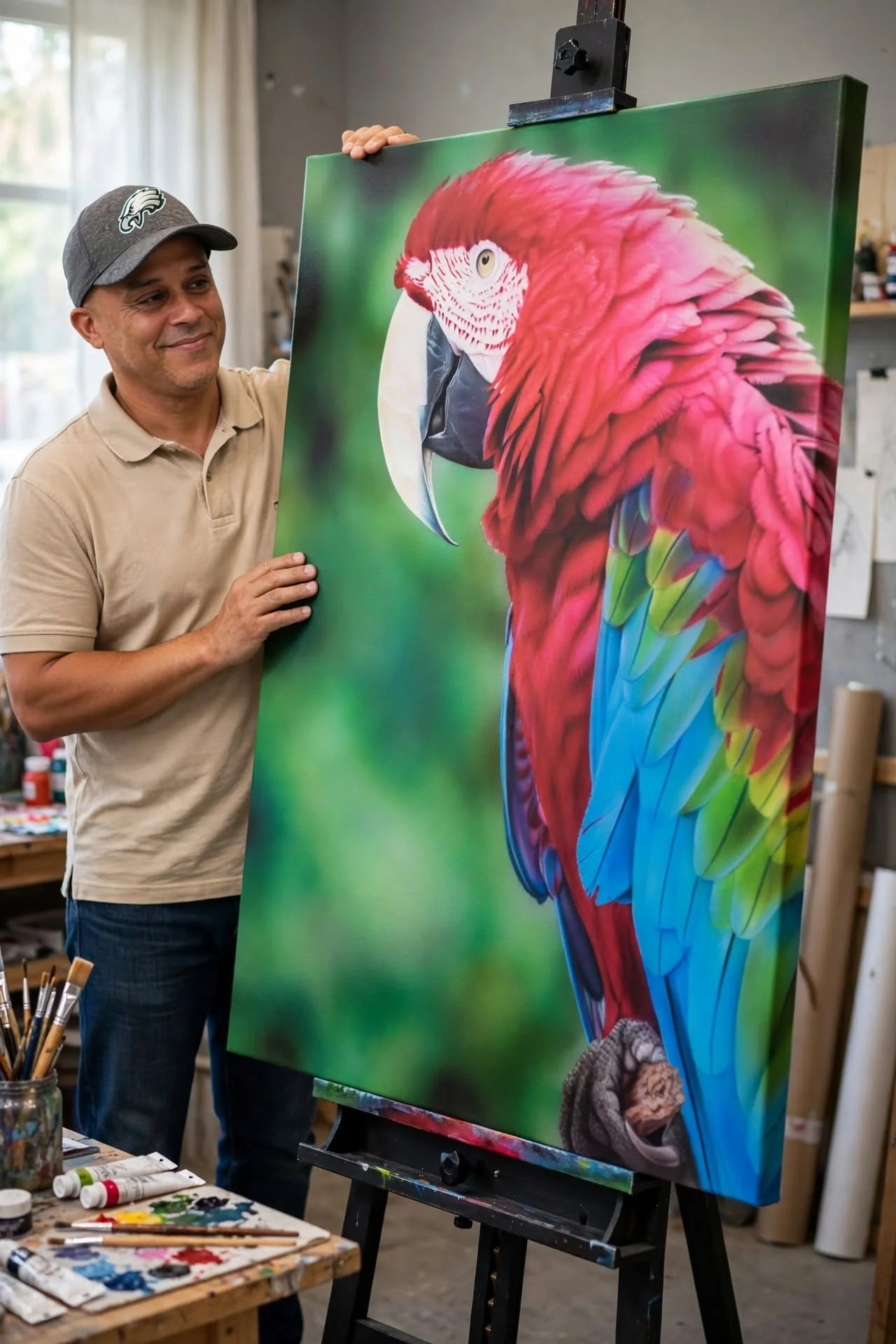 Man wearing a gray Eagles baseball cap looking at a large, colorful painting of a red, blue, and green parrot.