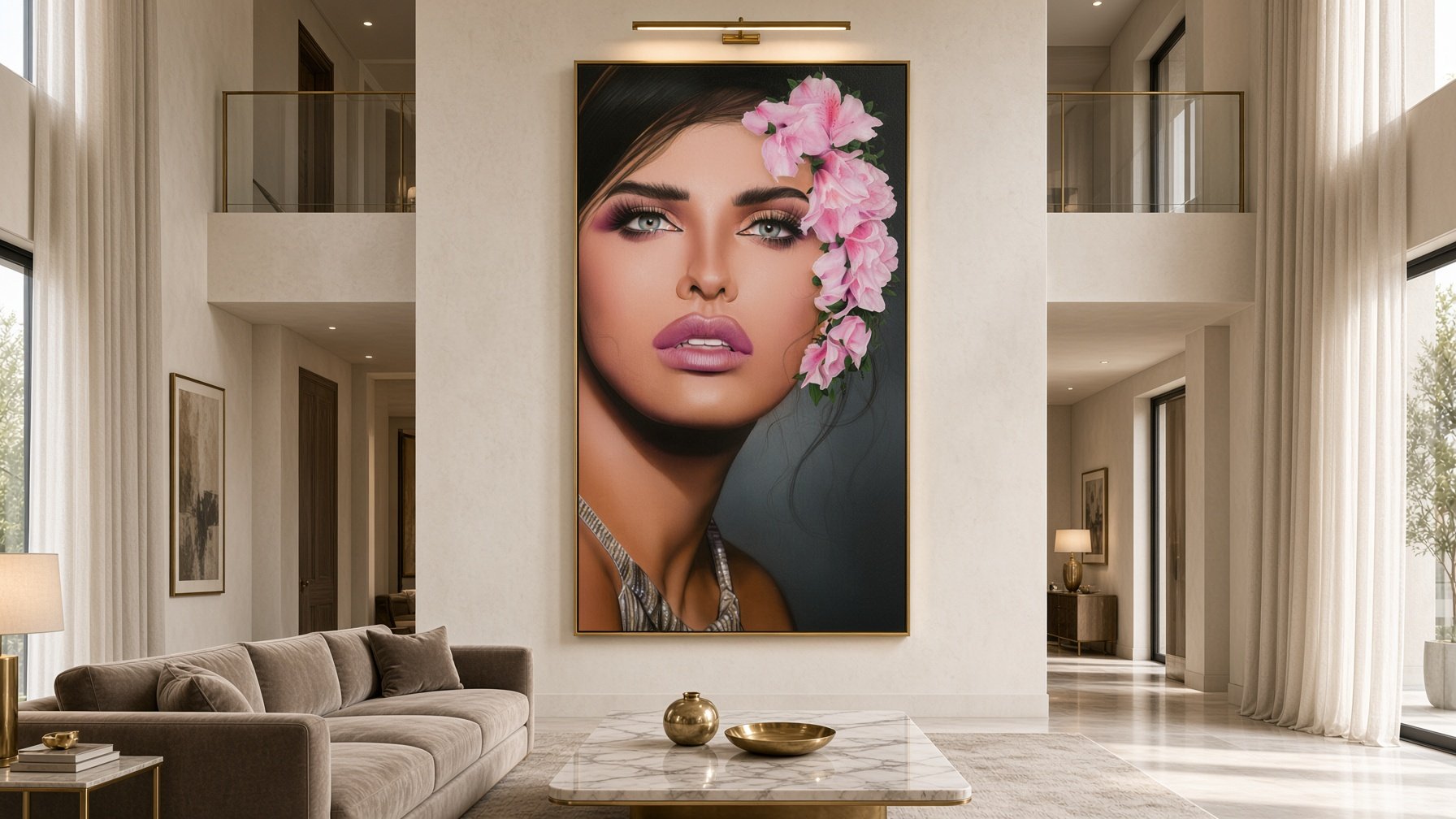 Large portrait of a woman with makeup and pink flowers on the face hanging in a spacious, modern living room.