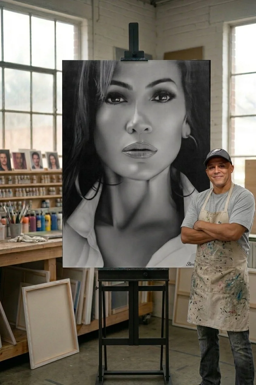 A male artist in a paint-splattered apron and cap stands with arms crossed next to a large monochrome portrait of a woman on an easel in an art studio. The studio has large windows, shelves with paint supplies, and framed artworks in the background.