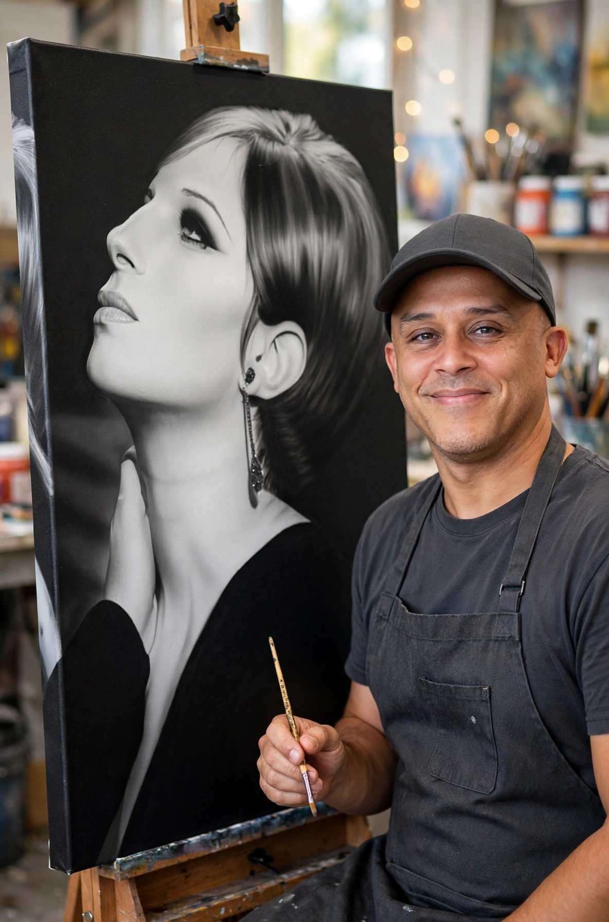 A smiling male artist wearing a black cap and apron holding a paintbrush, standing next to a large black and white portrait of a woman with styled hair and jewelry in an art studio.