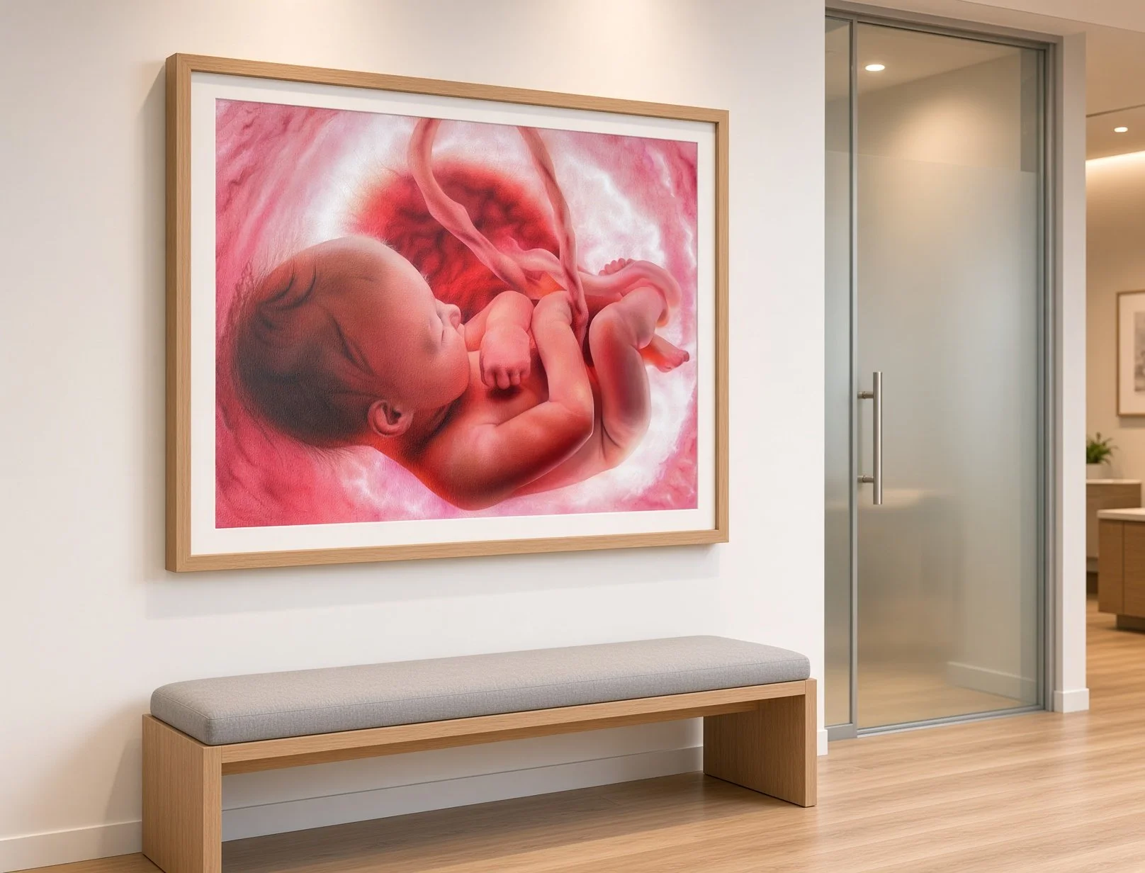 Artistic depiction of a fetus inside the womb, displayed on a wall in a medical or hospital setting.