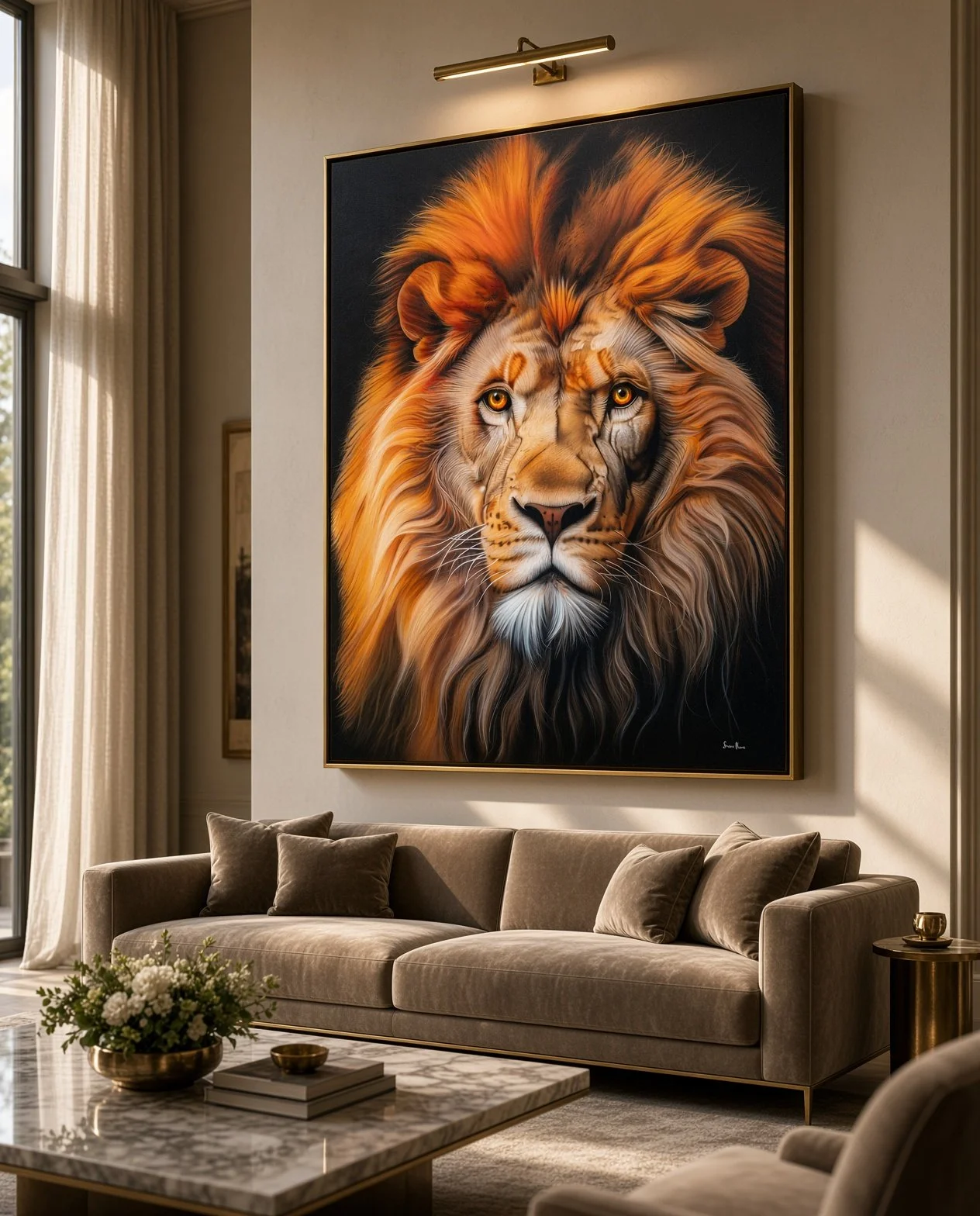Living room with beige sofa, marble coffee table, large lion portrait on wall, gold wall sconce, beige curtains, and sunlight coming through window.
