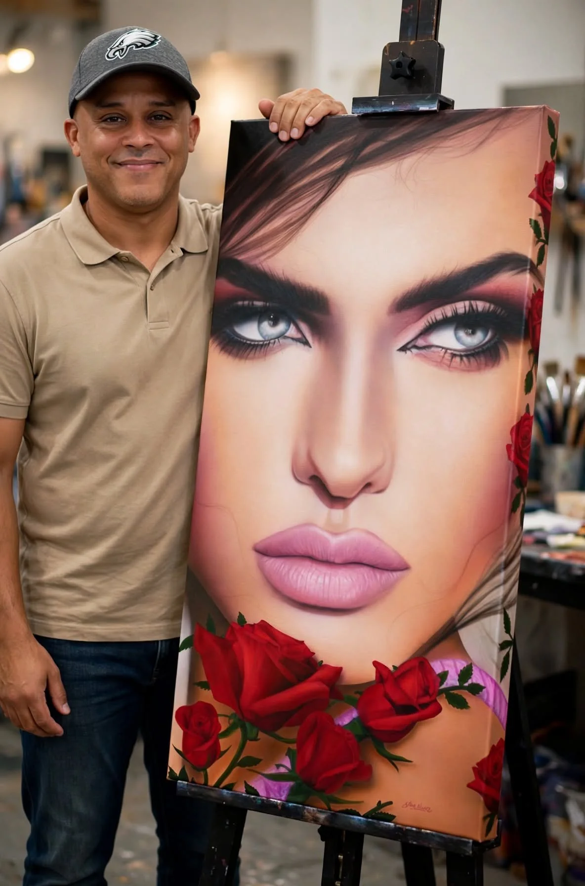 A man in a beige polo shirt and a gray cap with an eagle logo stands next to a large portrait of a woman's face with intense makeup and blue eyes, decorated with red roses at the bottom.