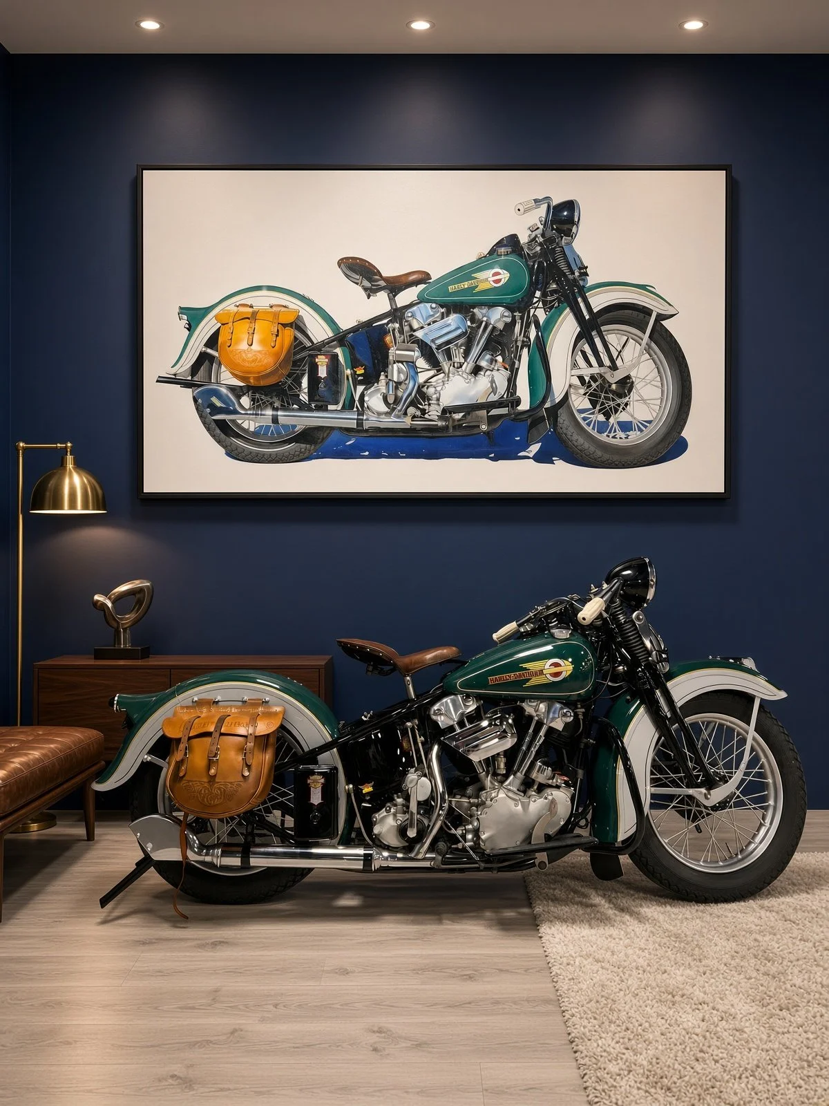 A Harley-Davidson motorcycle is displayed in a modern room with dark blue walls, a large framed artwork of a similar motorcycle, a wooden cabinet, a brass floor lamp, a leather bench, and a beige rug.