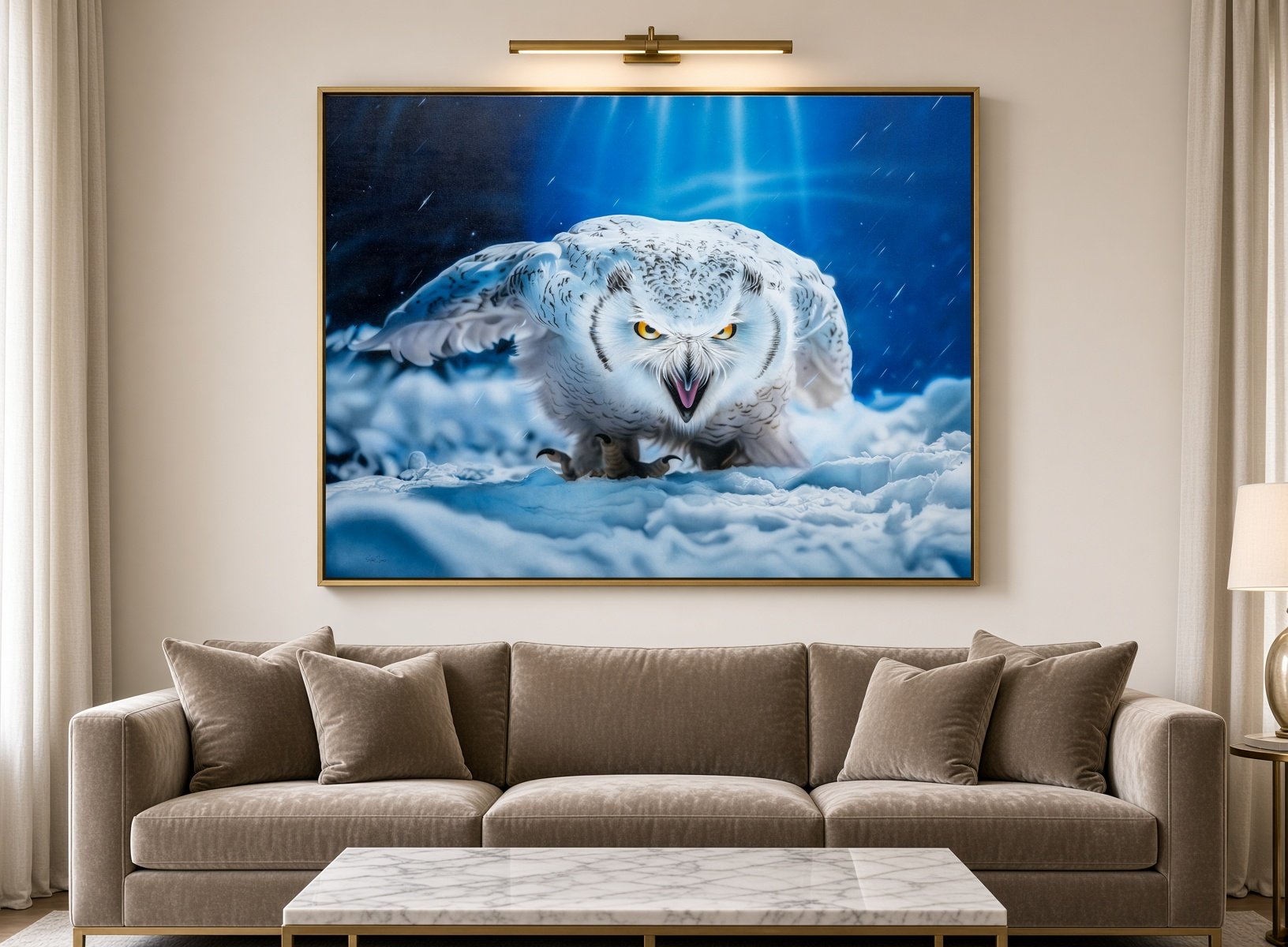 A large framed artwork of an aggressive snowy owl with yellow eyes and open beak, standing on ice in a snowy landscape under a blue sky with stars, hung above a beige sofa in a living room.