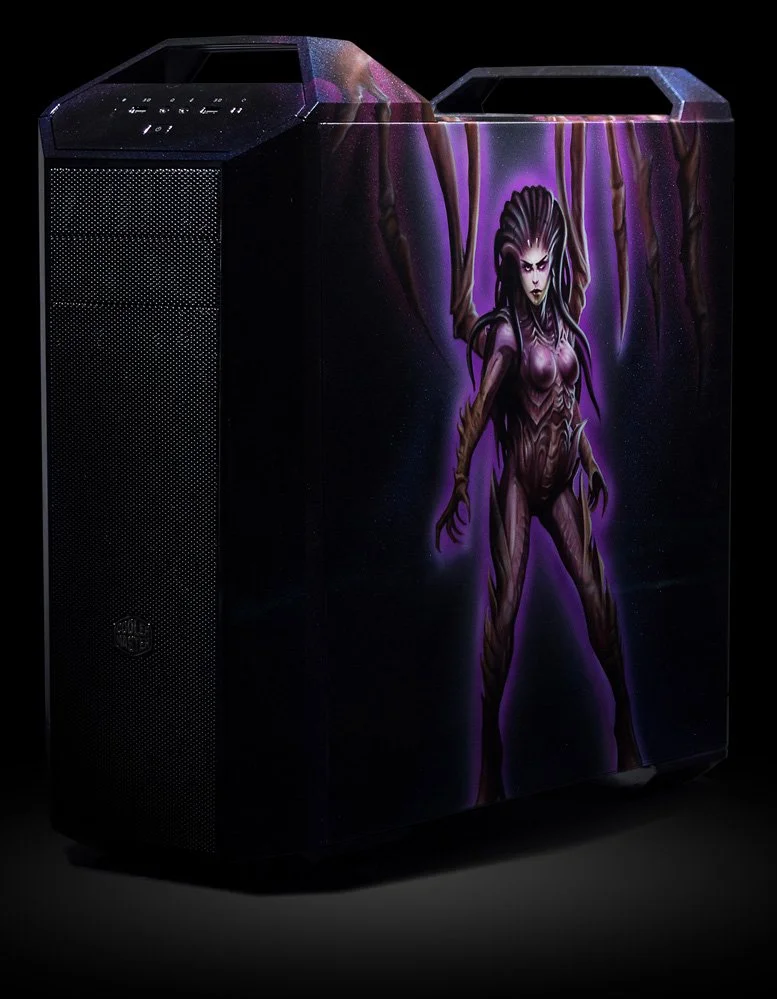 A gaming computer tower with a dark purple and black color scheme, featuring artwork of a humanoid character with purple hair, dark clothing, and a fierce expression, set against a background of trees and dark sky.