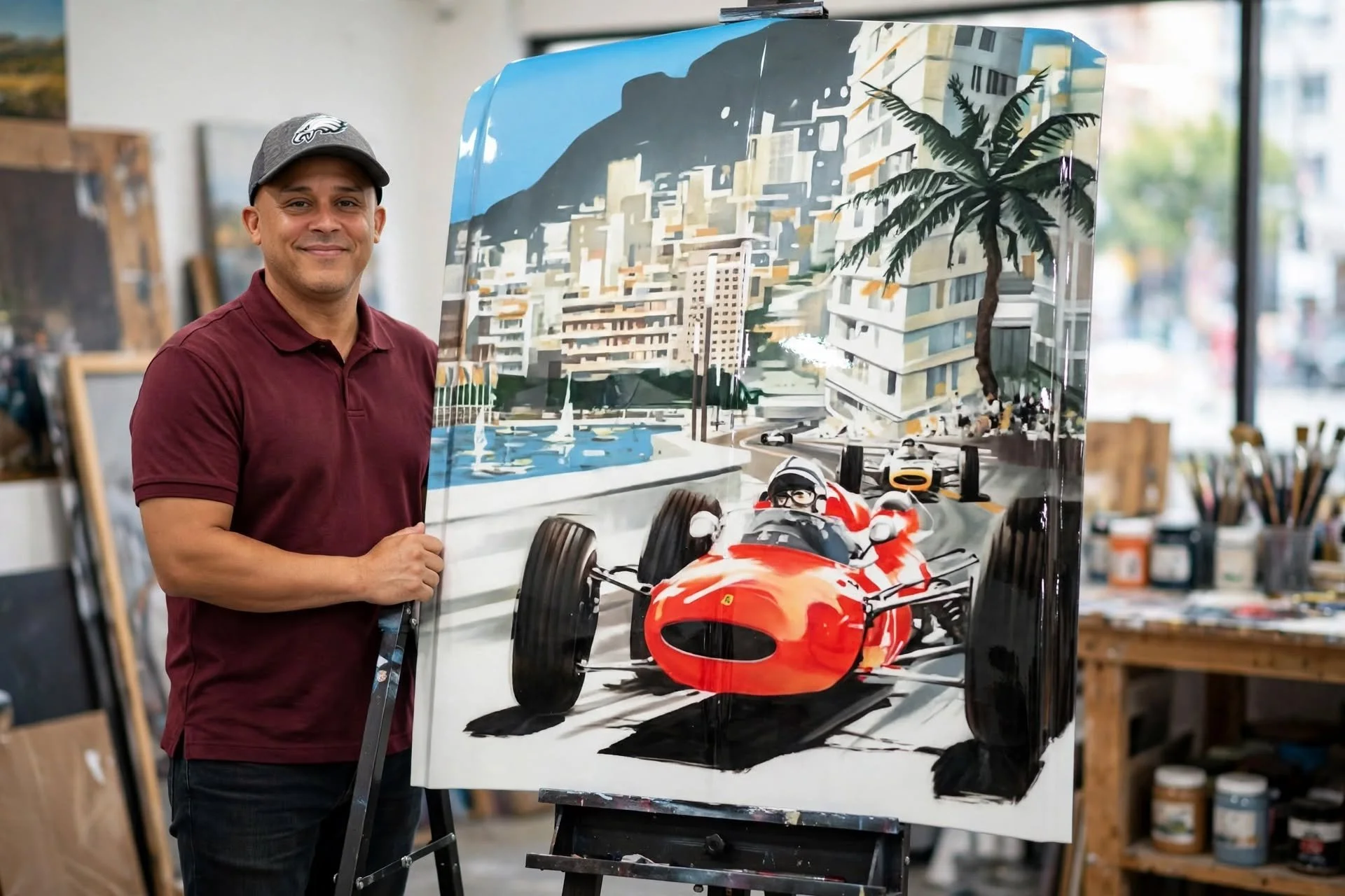 A man in a maroon polo shirt and gray baseball cap stands next to a racing car painting in an art studio. The painting depicts a red Formula 1 car racing through a cityscape with modern buildings, mountains, and a palm tree in the background.