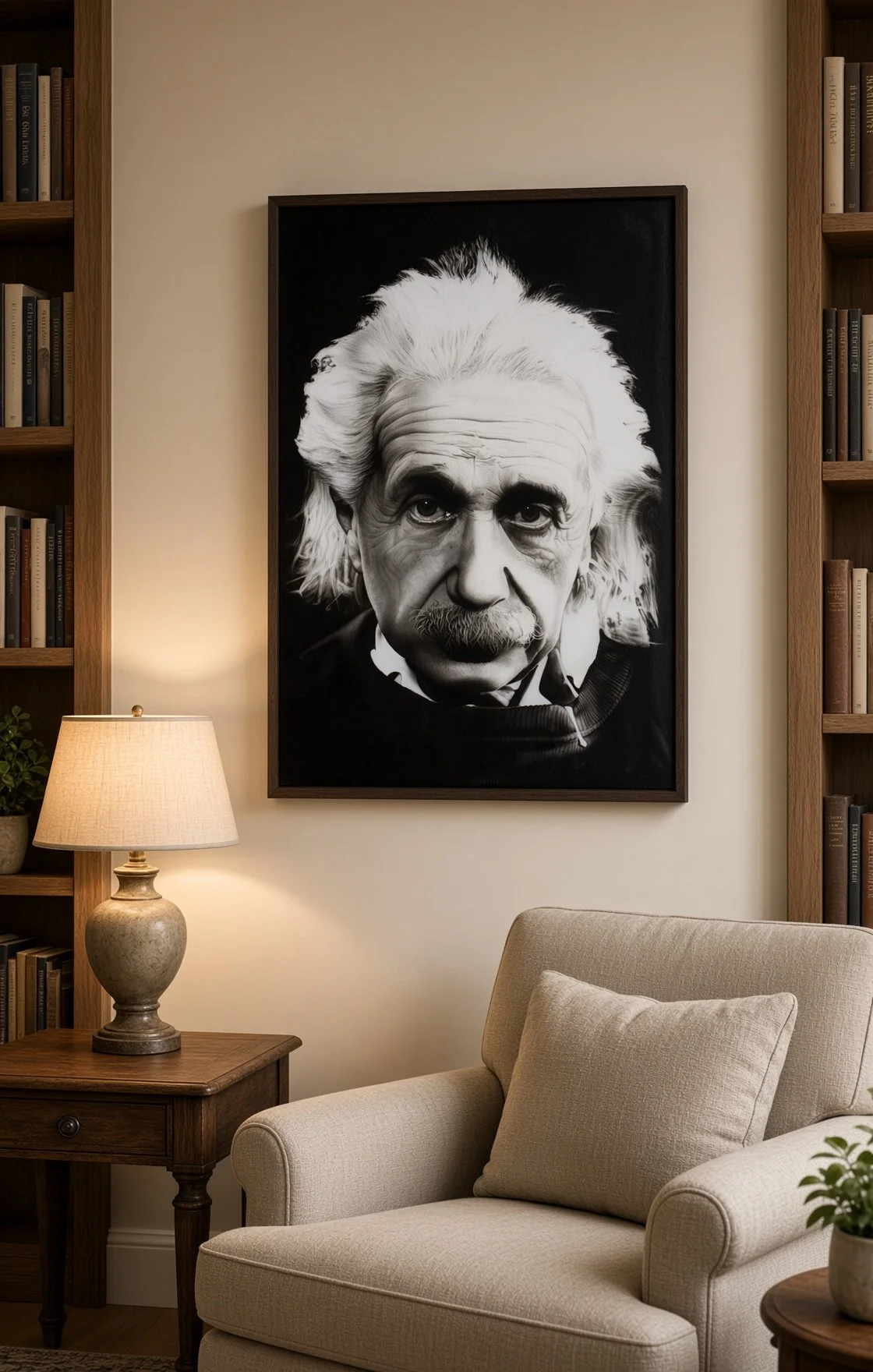 Black and white portrait of Albert Einstein hanging on the wall in a living room with a beige armchair, a wooden side table, a beige table lamp, and built-in bookshelves filled with books.