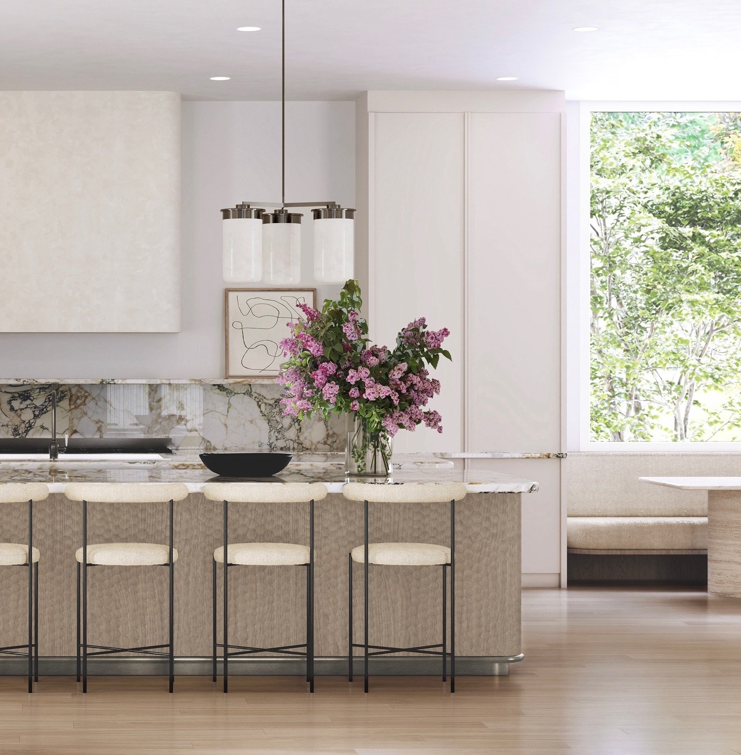 Our client came to us wanting a white kitchen, but wanting it to feel layered, interesting and warm. We infused texture through a hand-chipped oak on the double islands, a smokey pewter footrail (inspired by the champagne bar at @fsmiami 👋), an exte