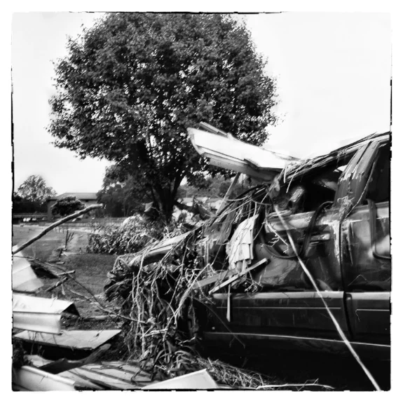 Shot with my Rolleiflex 6x6 TLR:Several vehicles were washed away downstream and found themselves in the park.