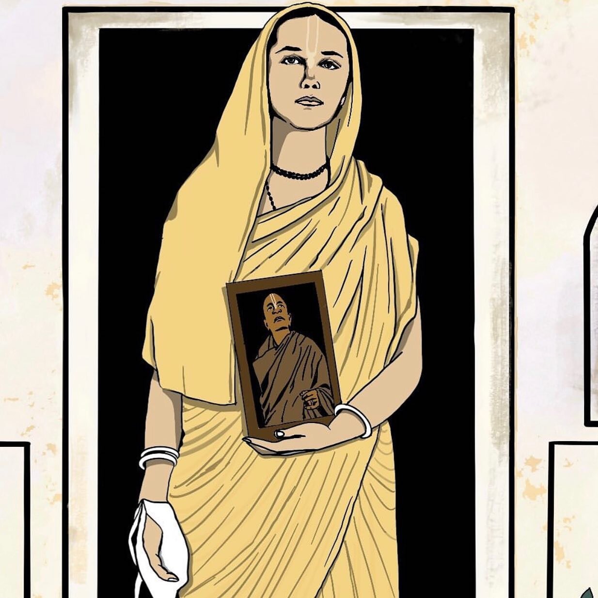 this is a beautiful illustration of Yamuna Devi Dasi by @hi_iamkaveri. 

i've been reflecting today on what it truly means to serve. the mood of Yamuna dd was not to hoard her blessings from her dear beloved teacher, but to LET GO &amp; share them op