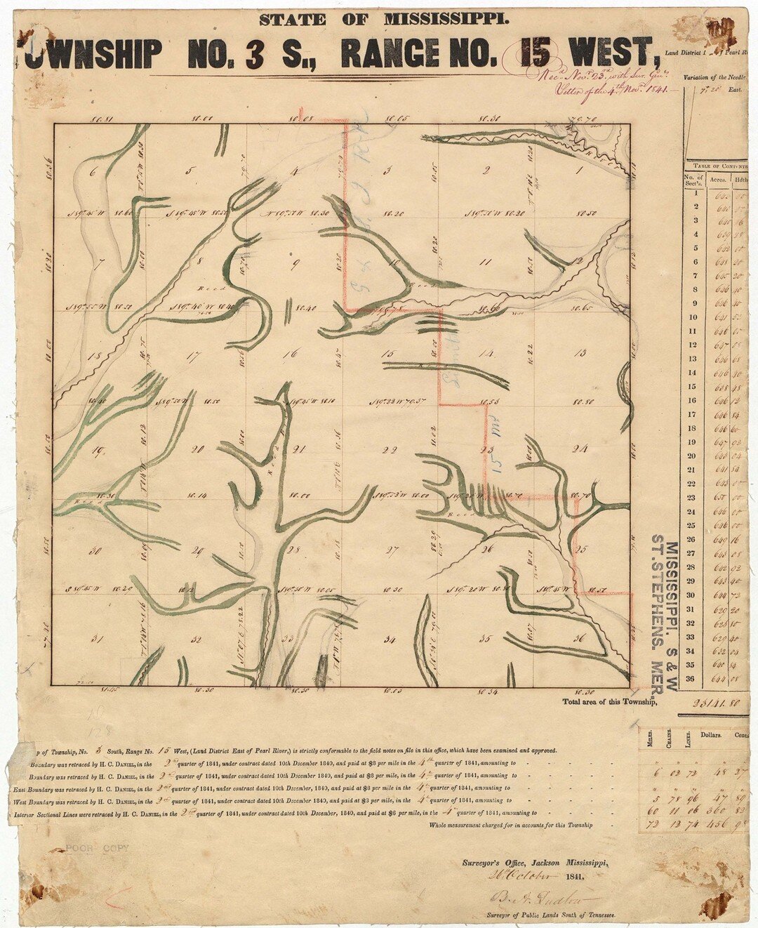 Did you know Mississippi was the second state in the Union to be surveyed?  Andrew Ellicott surveyed along the 31st parallel beginning in 1796 until he reached the head of Mobile Bay at the end of 1799. The plat shown here of Township 3 South in Pear