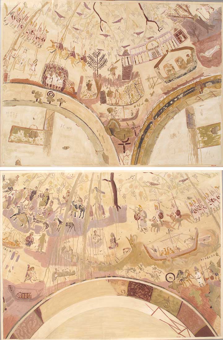 Charles K. Wilkinson. Facsimiles of the dome painting of the Chapel of Exodus, Bagawat Necropolis, Kharga Oasis. Byzantine Egypt, 4th century A.D. Top: Tempera on paper, 20 1/2 x 27 3/4 in. (52.1 x 70.5 cm). The Metropolitan Museum of Art, New York,…