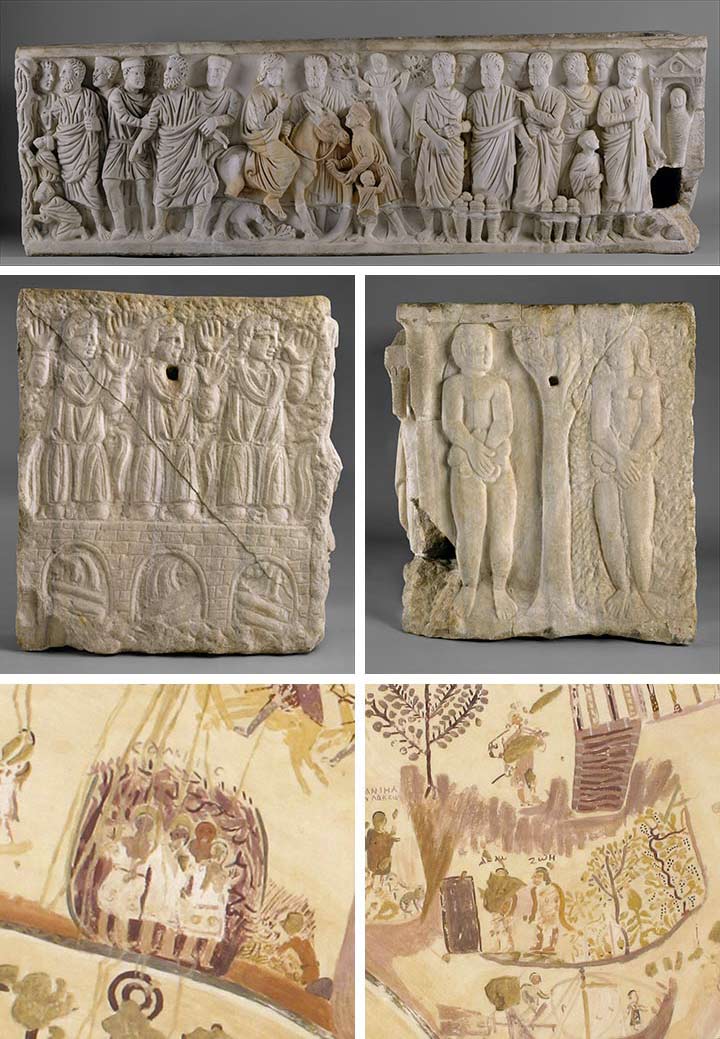 First and second rows: Sarcophagus with scenes from the lives of Saint Peter and Christ, early 300s, with modern restoration. Rome, Villa Felice (formerly Carpegna). Marble, 26 1/2 x 83 1/2 x 24 3/8 in. (67.3 x 212.1 x 61.9 cm). The Metropolitan Mus…