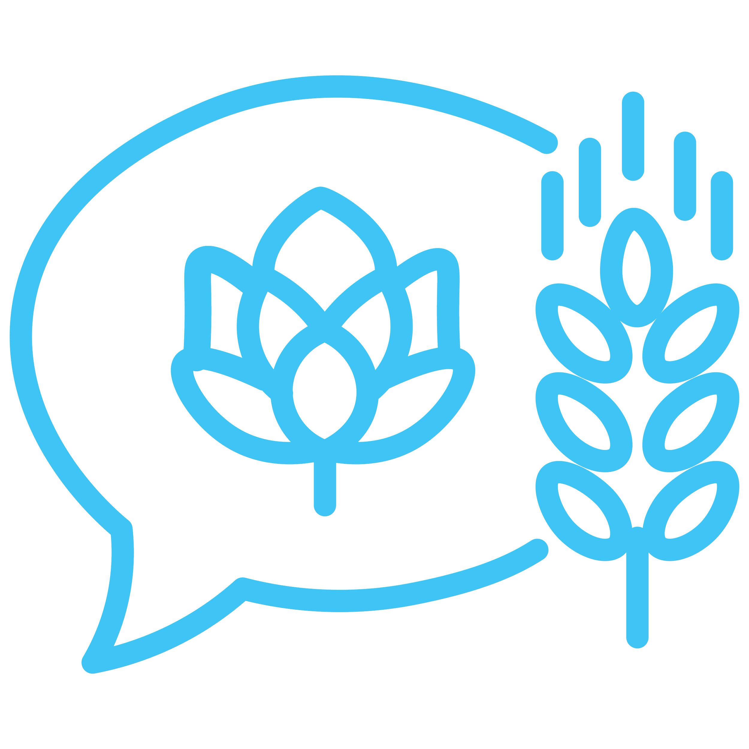 Blue line icon of a speech bubble with hops and grain representing the Conversation Starters campaign for breweries, coffee roasters, and the craft community.