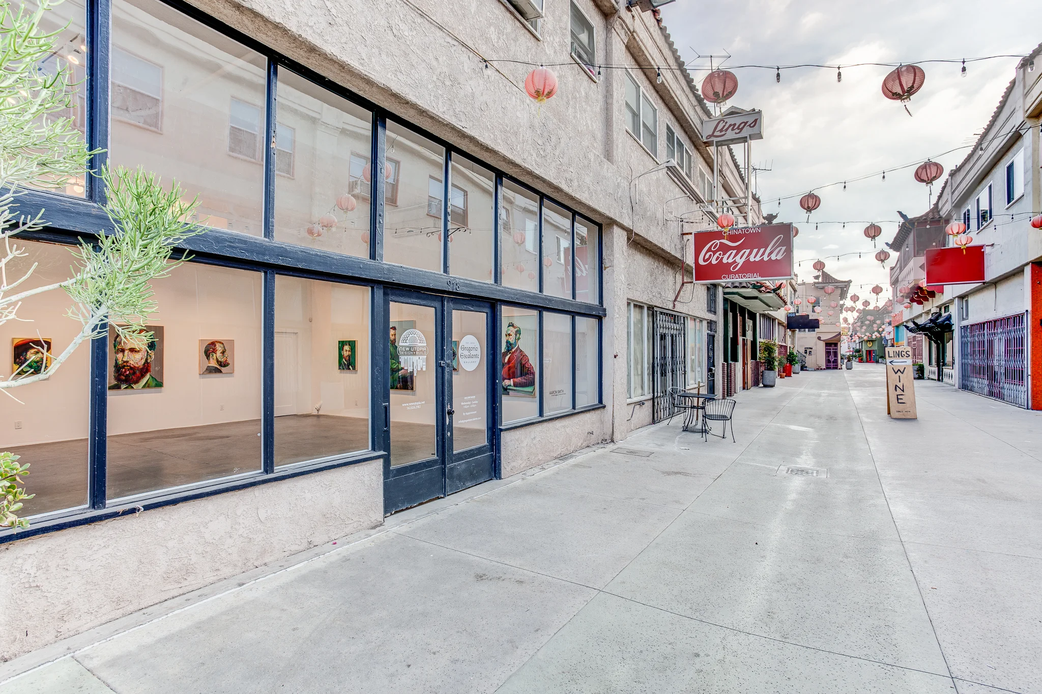 Gregorio Escalante Gallery and New Utopia Design Studio on Chung King Road in Chinatown, Los Angeles 2017. Gallery design by Carley Montgomery , Build out by New Utopia Inc and Photo by Eric Charles .