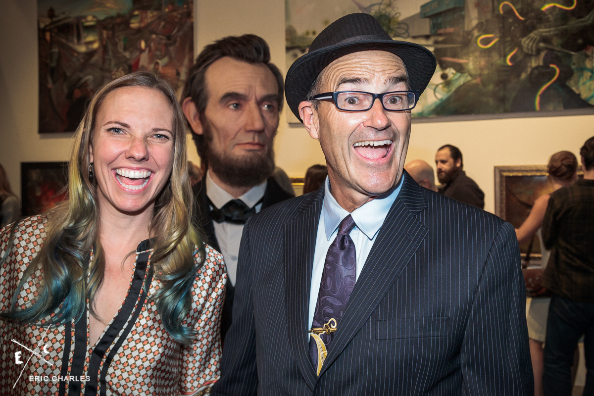 Carley and Greg Escalante opening night of the Gregorio Escalante Gallery in Chinatown. Abraham Lincoln Bust by KAZU . Photo by Eric Charles .